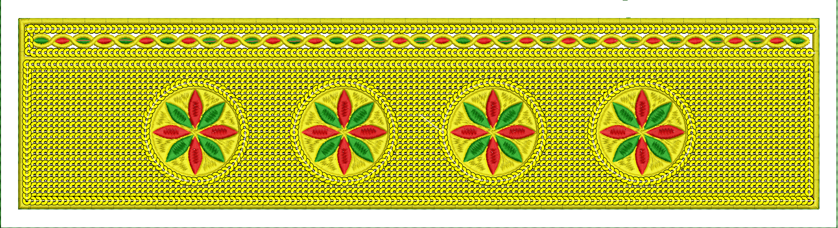 Embroidery design: A horizontal embroidery border with a repeating pattern of four circular medallions, each containing a stylized red and 