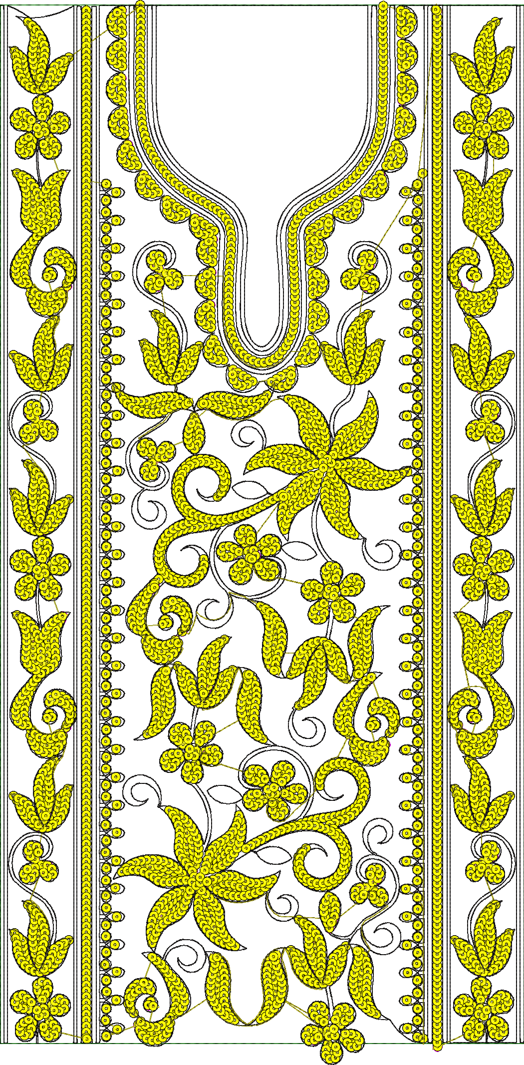 Embroidery design: A symmetrical embroidery design in yellow featuring a central neckline embellished with floral and vine motifs, bordered