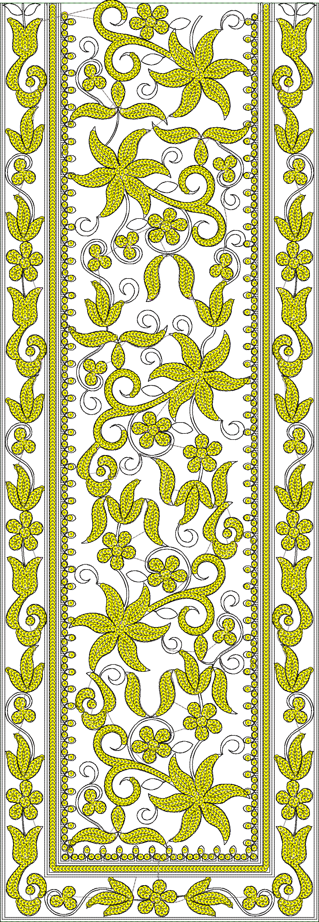 Embroidery design: A decorative and symmetrical border design featuring repeating yellow floral and scrollwork motifs on a white background