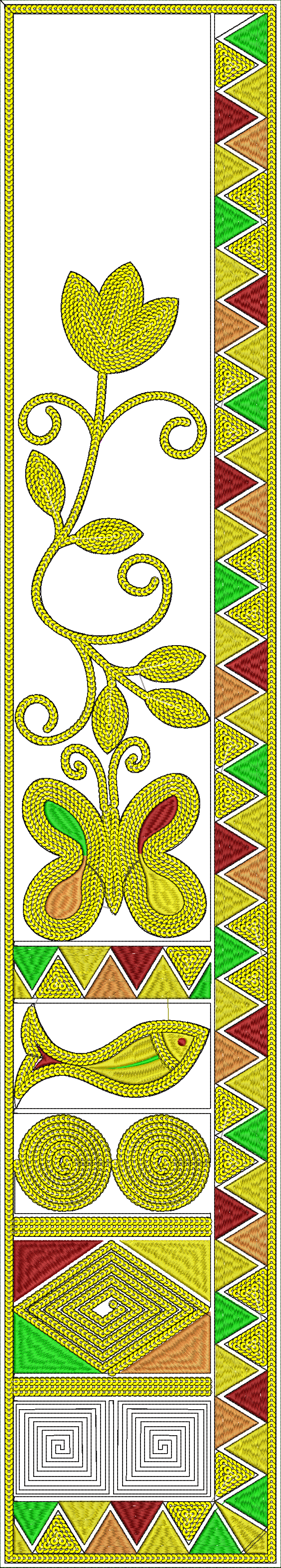 Embroidery design: A decorative embroidery design featuring a yellow floral motif at the top, a butterfly in the center with green and red 