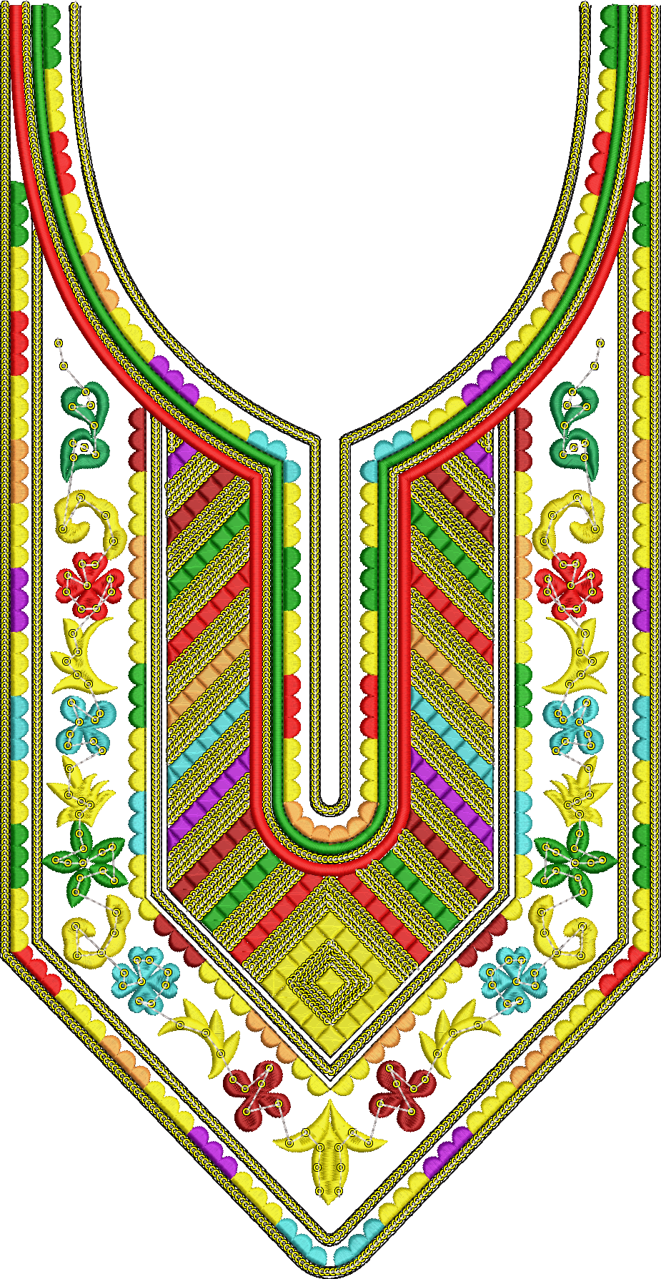 Embroidery design: A decorative neckline embroidery design featuring a symmetrical arrangement of floral and geometric motifs. The design i