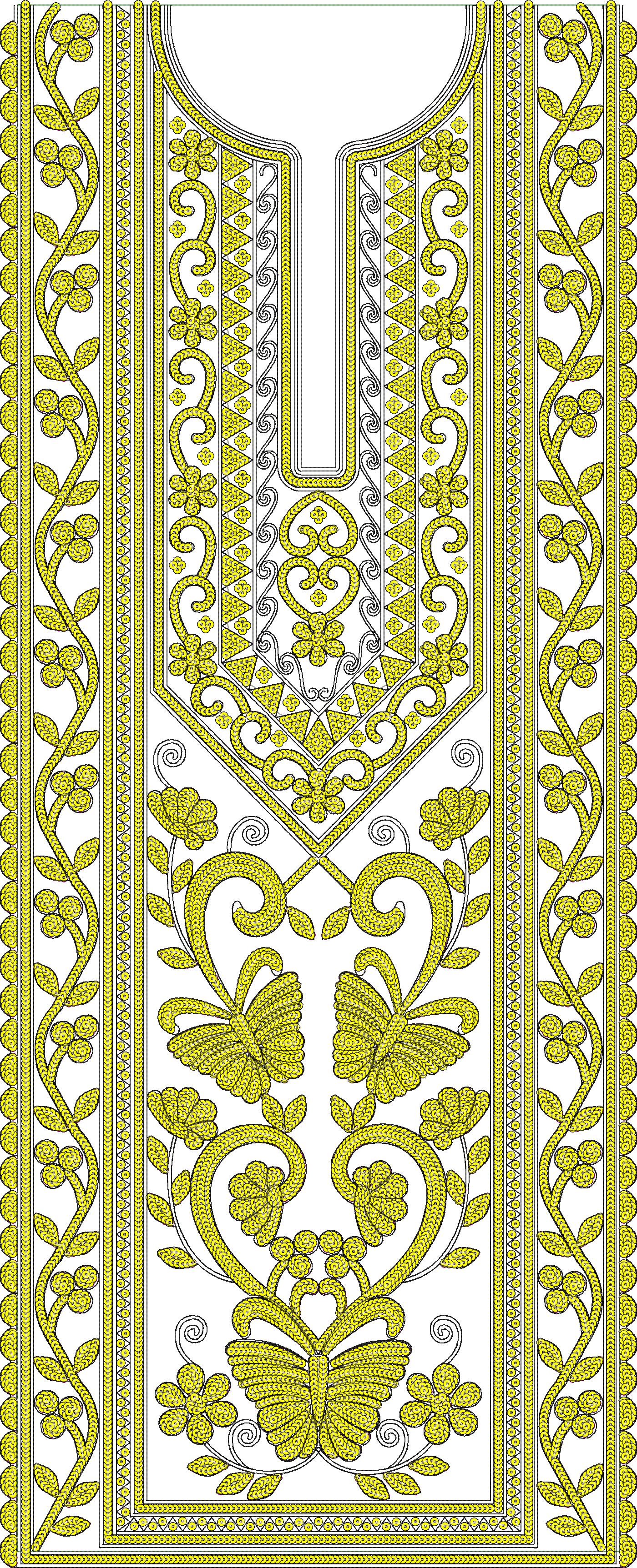 Embroidery design: An elaborate yellow and white embroidery design for a neckline, featuring symmetrical floral motifs, scrollwork, arabesq