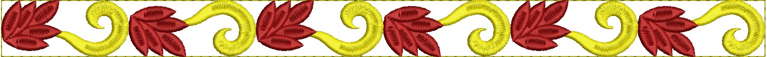 Embroidery design: A repeating symmetrical border embroidery design featuring red floral elements intertwined with yellow scrollwork, edged