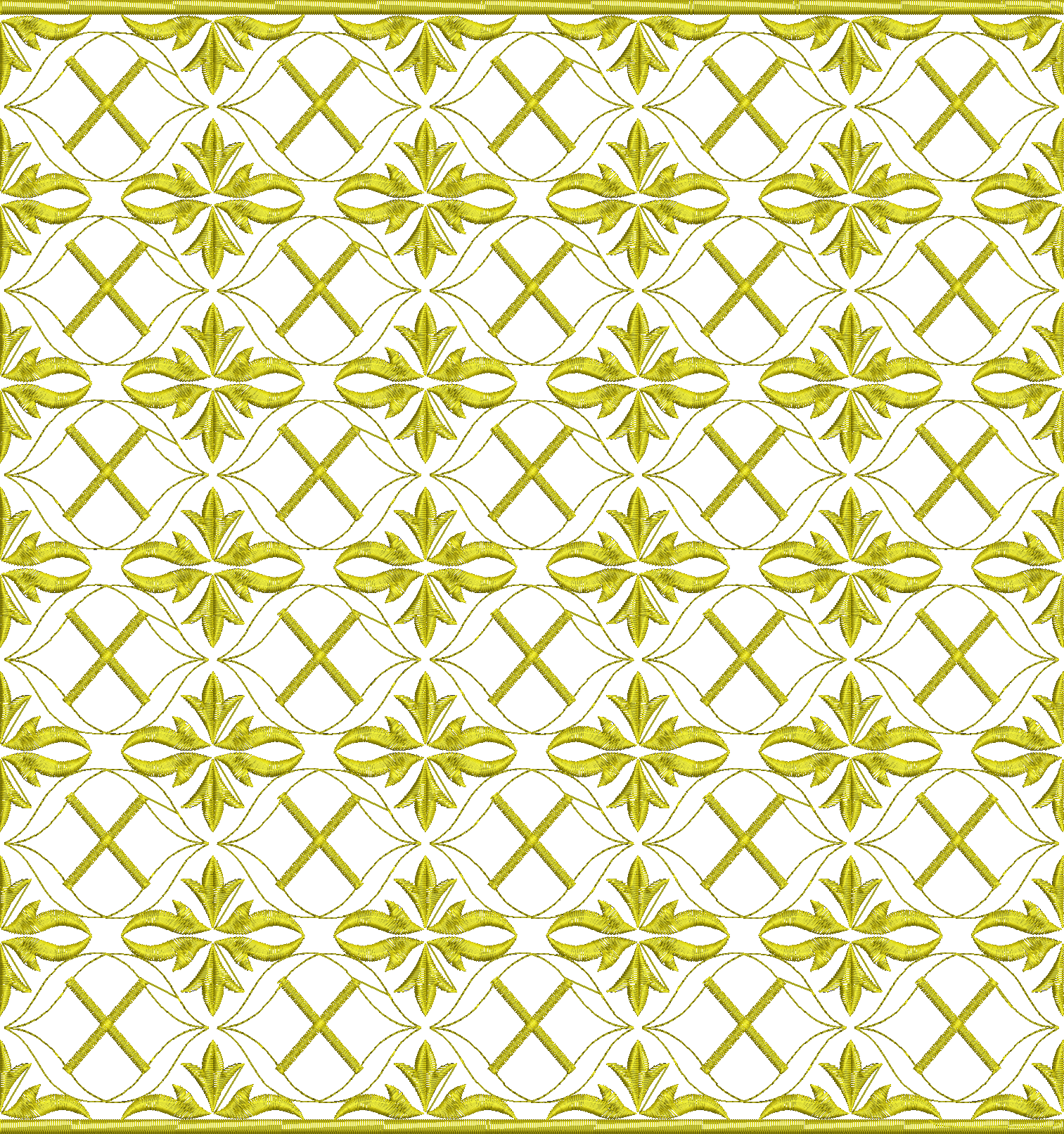 Embroidery design: A gold embroidery design featuring a repeating all-over pattern of stylized floral motifs and geometric lattice elements