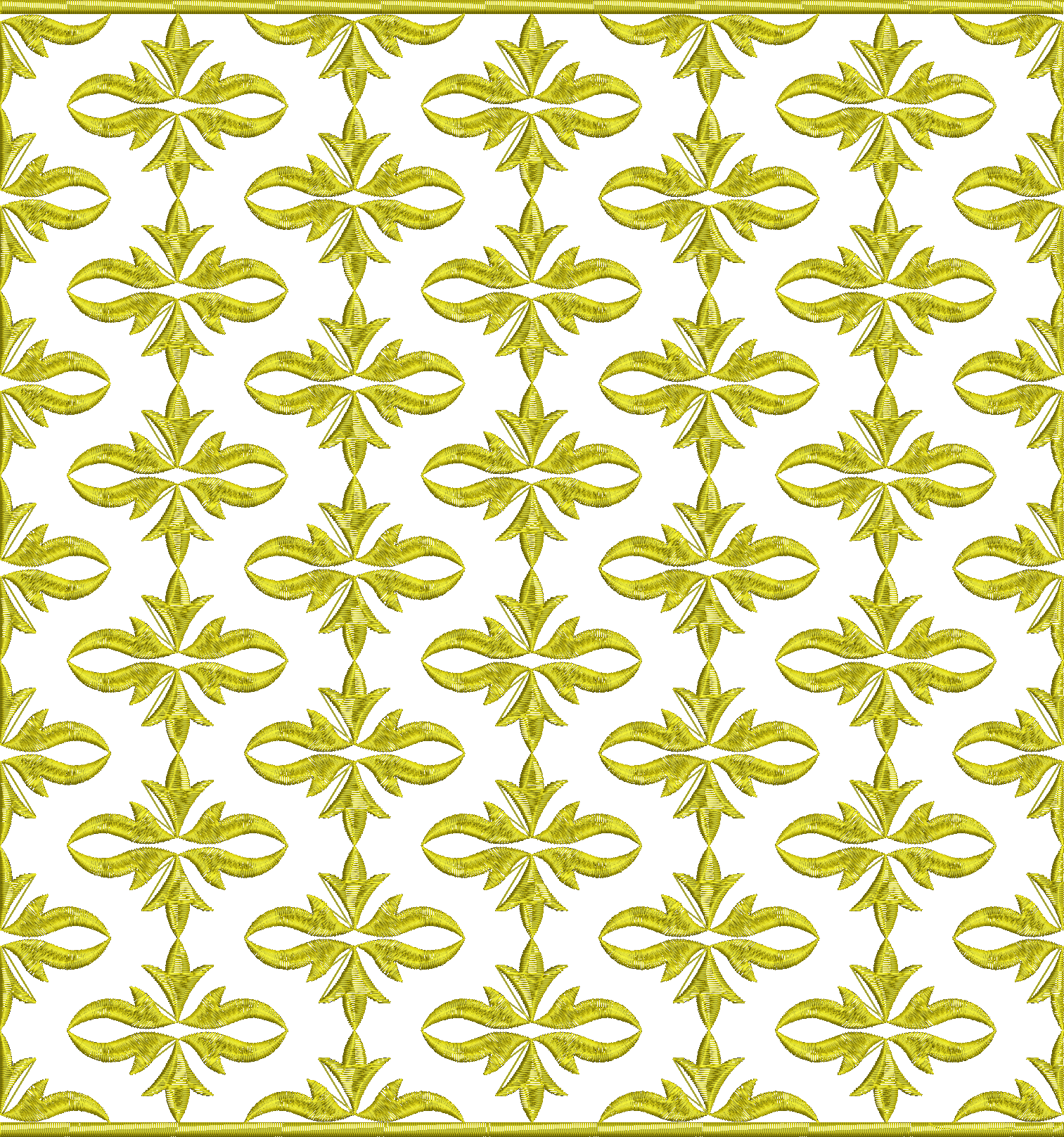 Embroidery design: A repeating, all-over golden-yellow embroidery design with an ornamental and arabesque style, featuring symmetrical moti