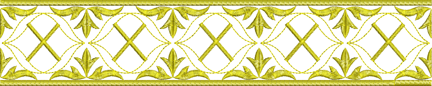 Embroidery design: A gold embroidery border design featuring repeating symmetrical scrollwork and stylized leaf motifs intertwined with geo