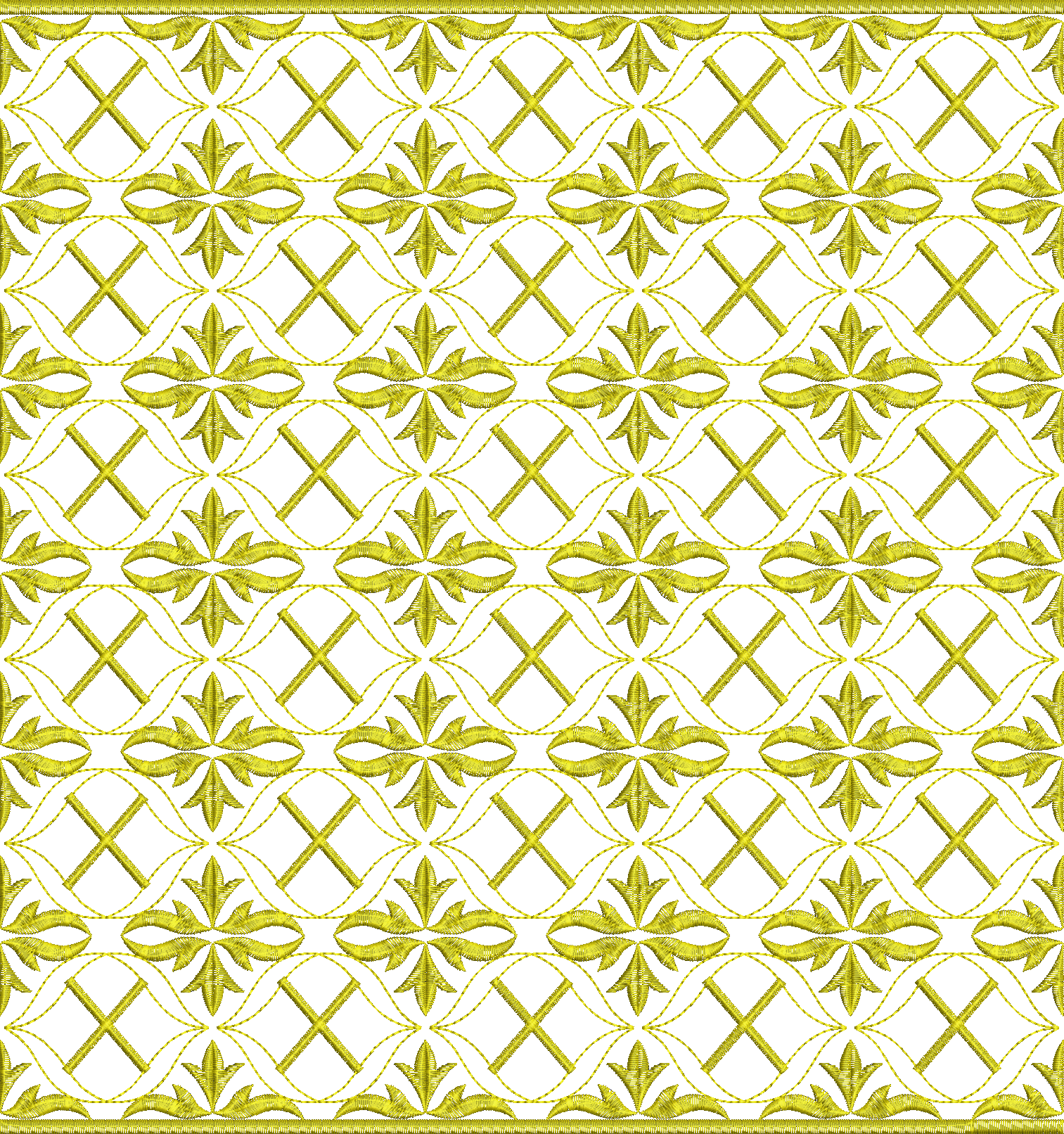 Embroidery design: A symmetrical, repeating all-over embroidery design in gold, featuring ornamental leaf motifs connected by scrollwork an
