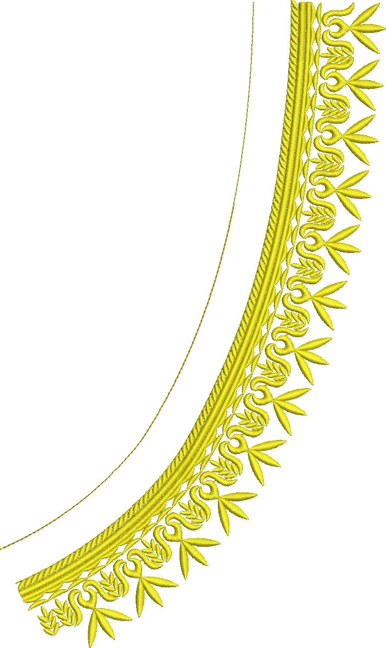Embroidery design: A gold embroidery design featuring a curved border with traditional ornamental scrollwork and leaf motifs, suitable for 