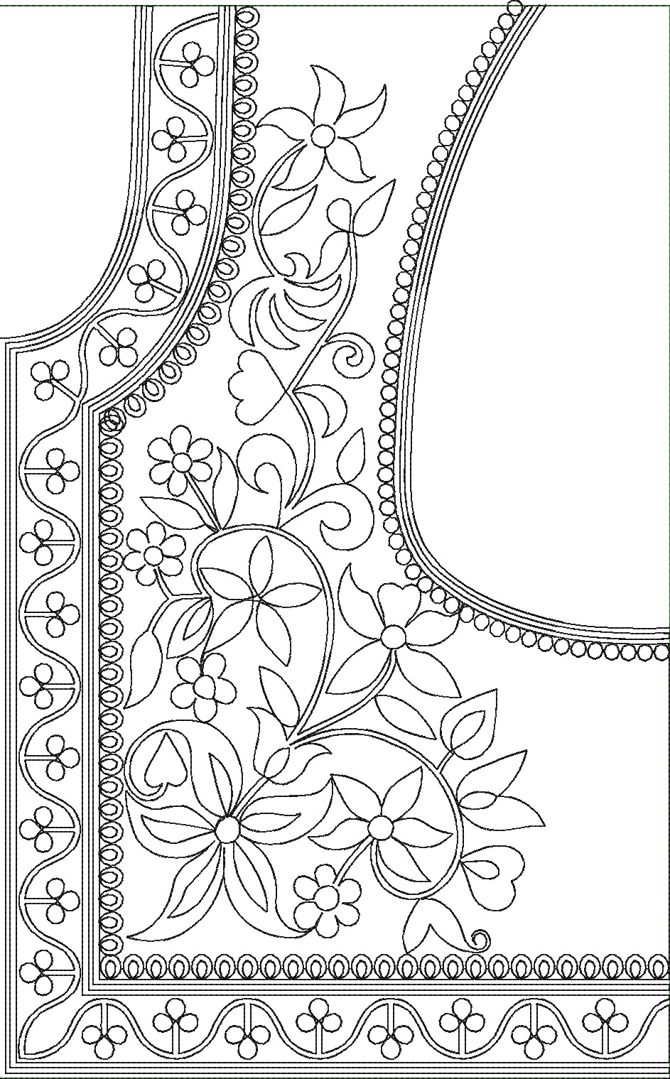 Embroidery design: A decorative embroidery design featuring a repeating floral and vine motif with a prominent border and neckline shape. T