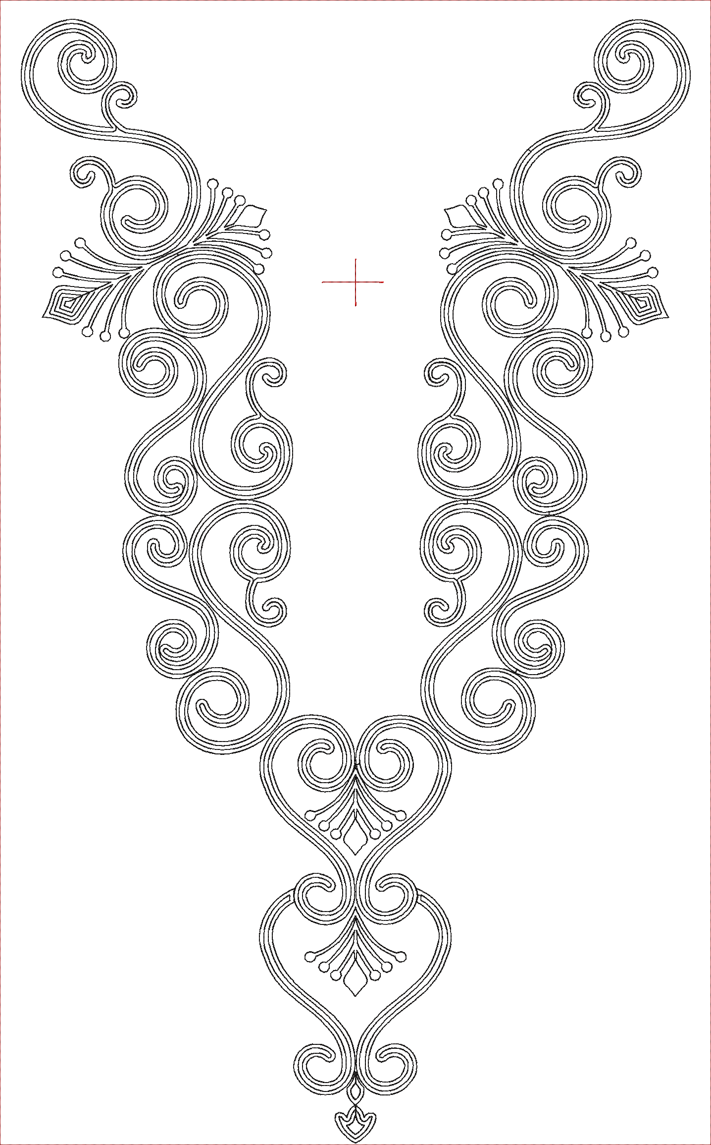 Embroidery design: A black and white embroidery design featuring intricate scrollwork, floral, vine, and leaf motifs arranged in a symmetri