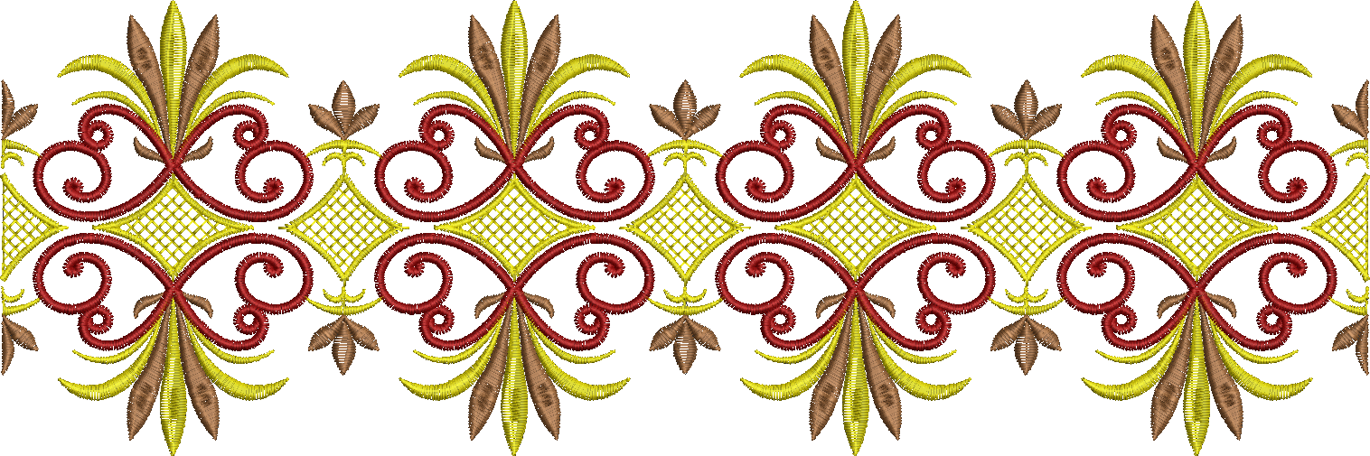 Embroidery design: A symmetrical, repeating border embroidery design featuring scrollwork, floral motifs, leaves, and diamond shapes in red