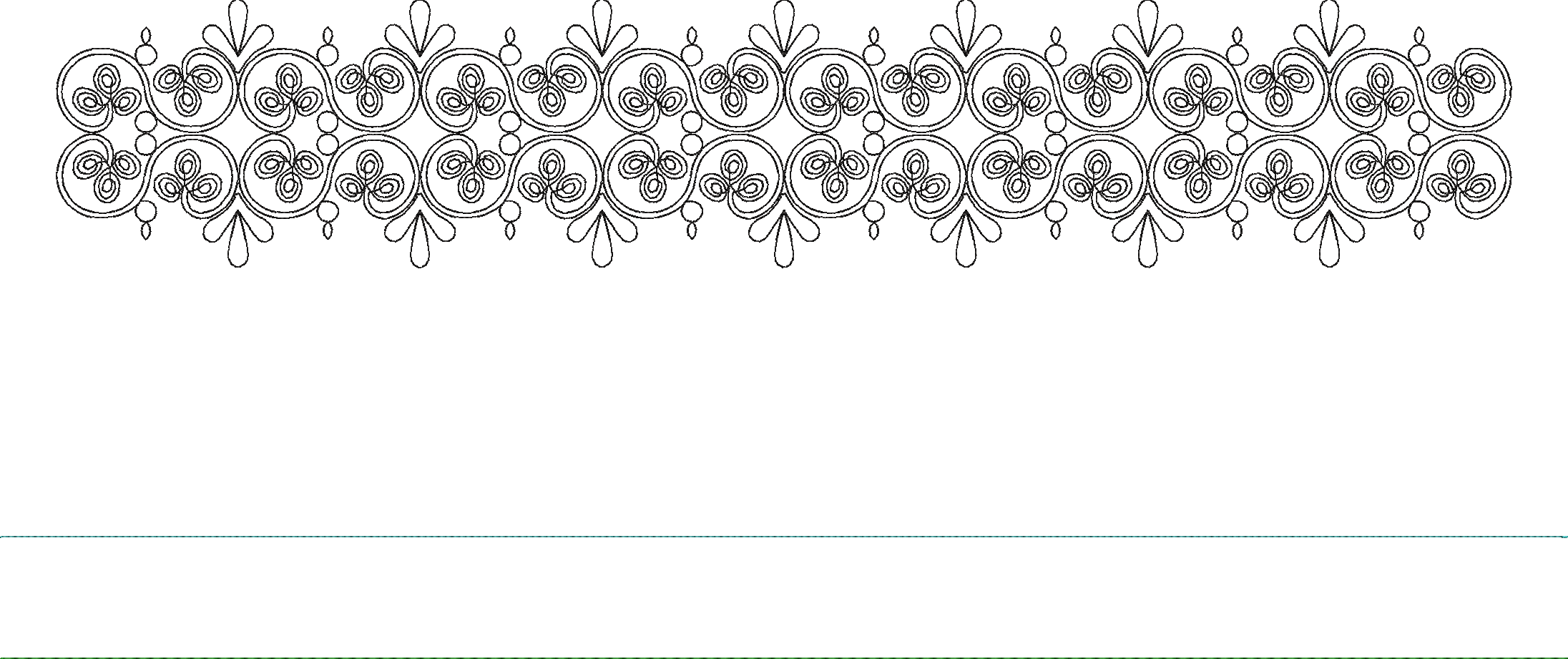 Embroidery design: A black and white embroidery design of a repeating symmetrical ornamental border with scrollwork and teardrop elements, 