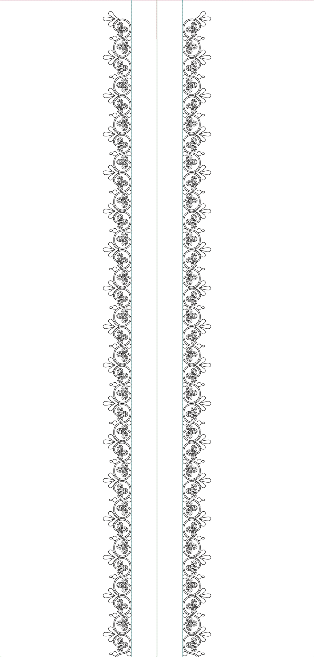 Embroidery design: A decorative, black and white embroidery design featuring two vertical borders with repeating symmetrical scrollwork pat