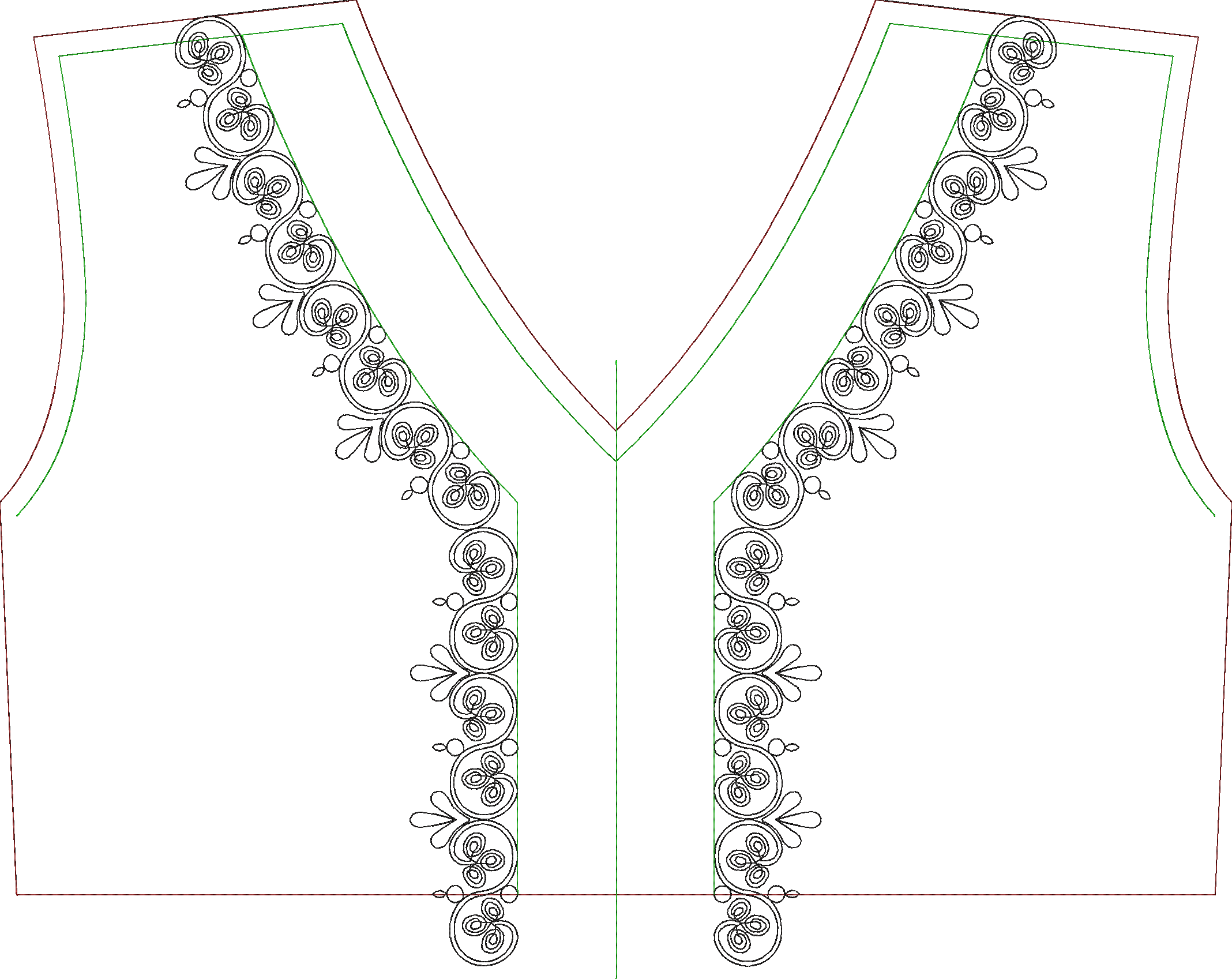 Embroidery design: A black embroidery design featuring a symmetrical, ornamental scrollwork pattern with leaf-like accents, designed as a n