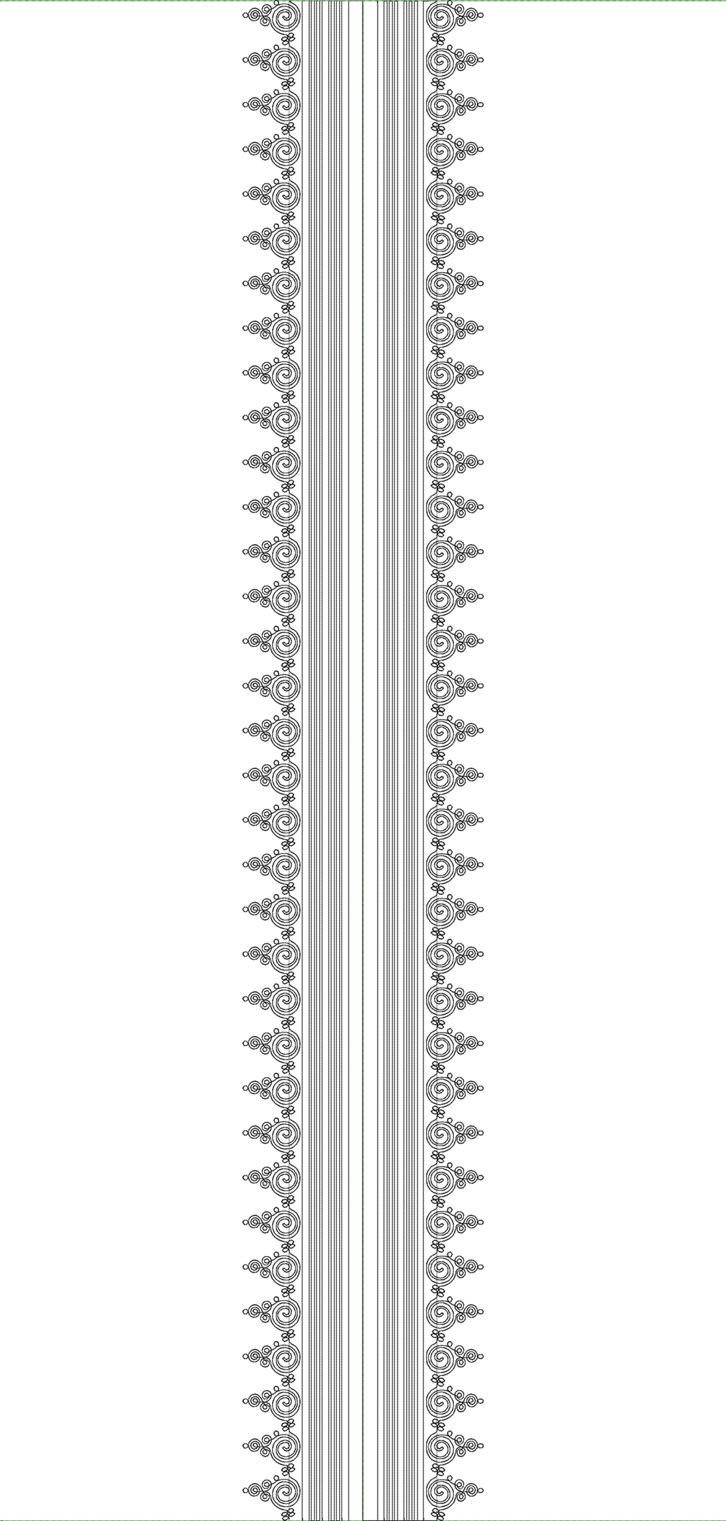 Embroidery design: A symmetrical vertical border embroidery design featuring repeating scrollwork patterns and vertical stripes.