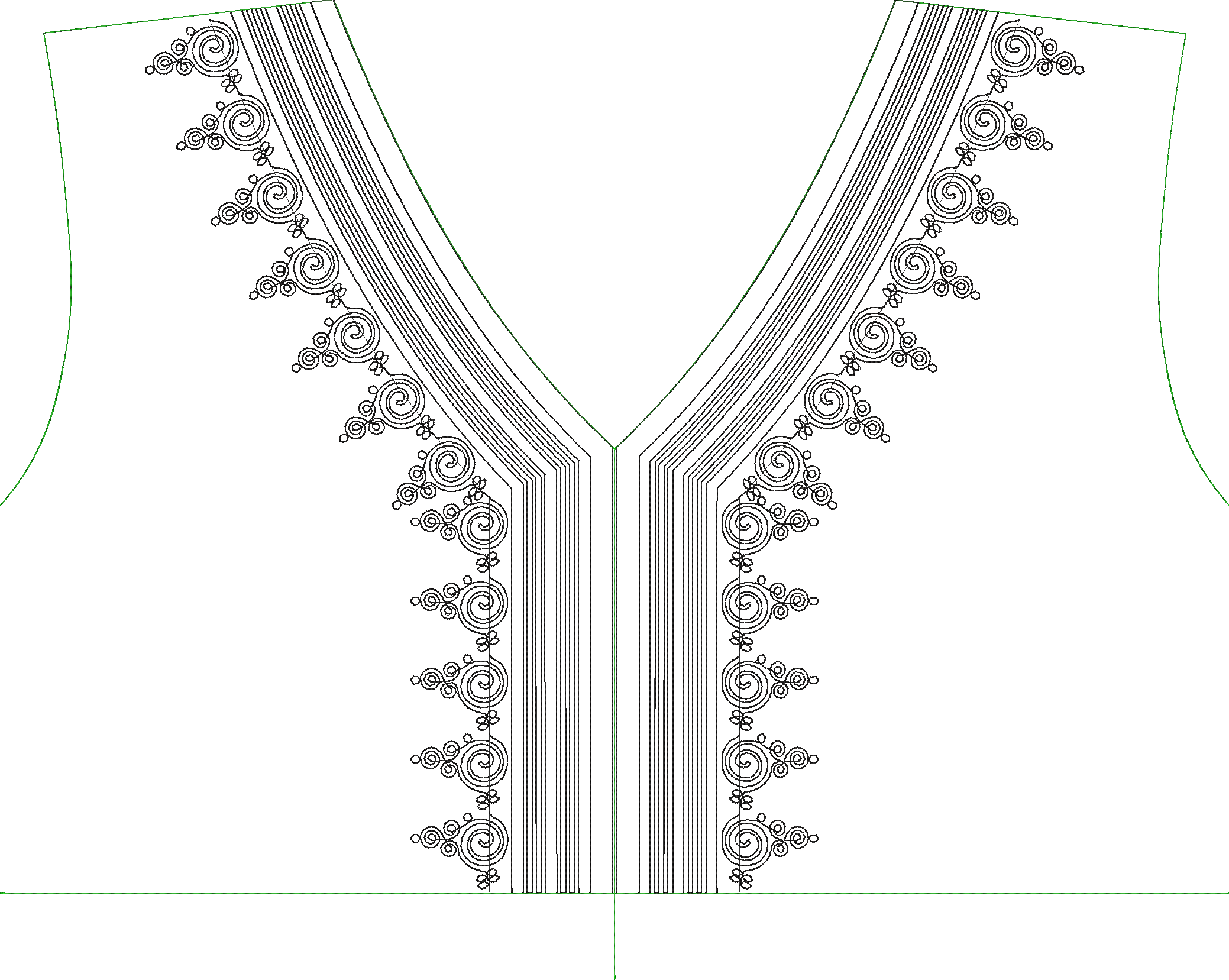 Embroidery design: Embroidery design for a V-neckline featuring symmetrical scrollwork and a central panel of vertical stripes, with orname