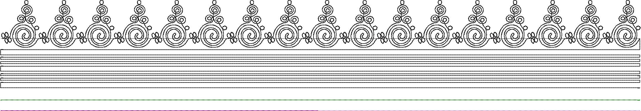 Embroidery design: A border embroidery design featuring a repeating ornamental scrollwork motif with leaf-like elements, above a section of
