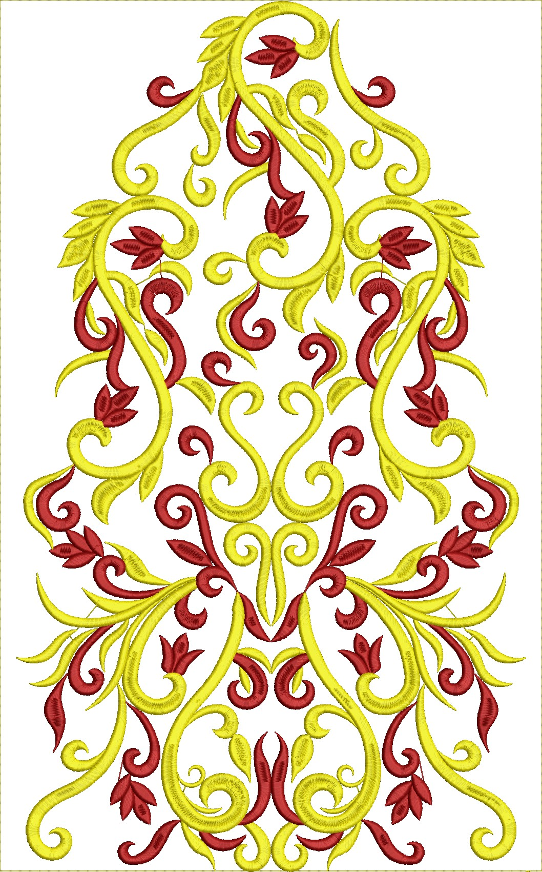 Embroidery design: An ornamental embroidery design featuring scrolling vines, leaves, and flower-like motifs in red and yellow. The design 