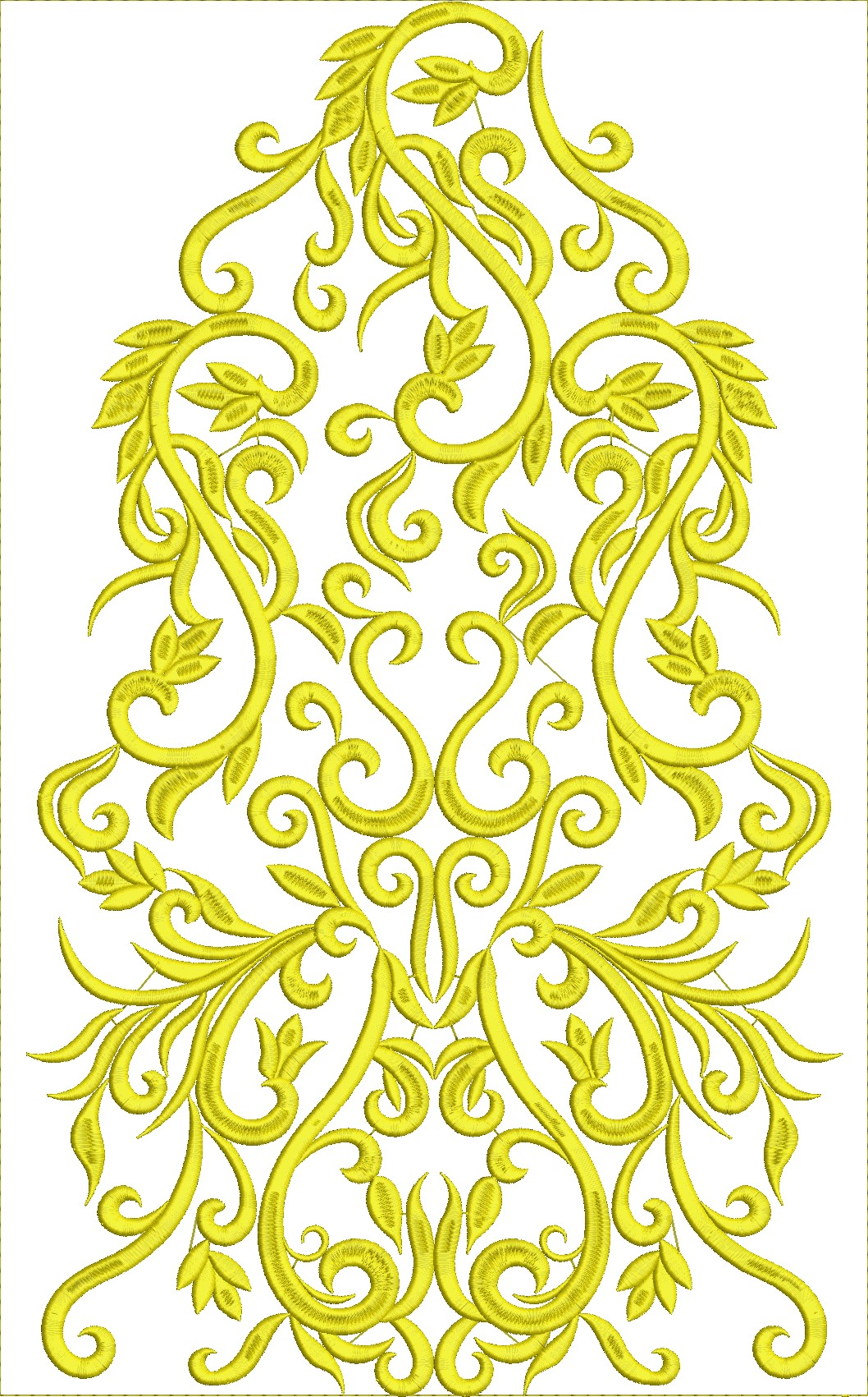 Embroidery design: A yellow, symmetrical, ornamental embroidery design featuring intricate scrollwork and botanical motifs.