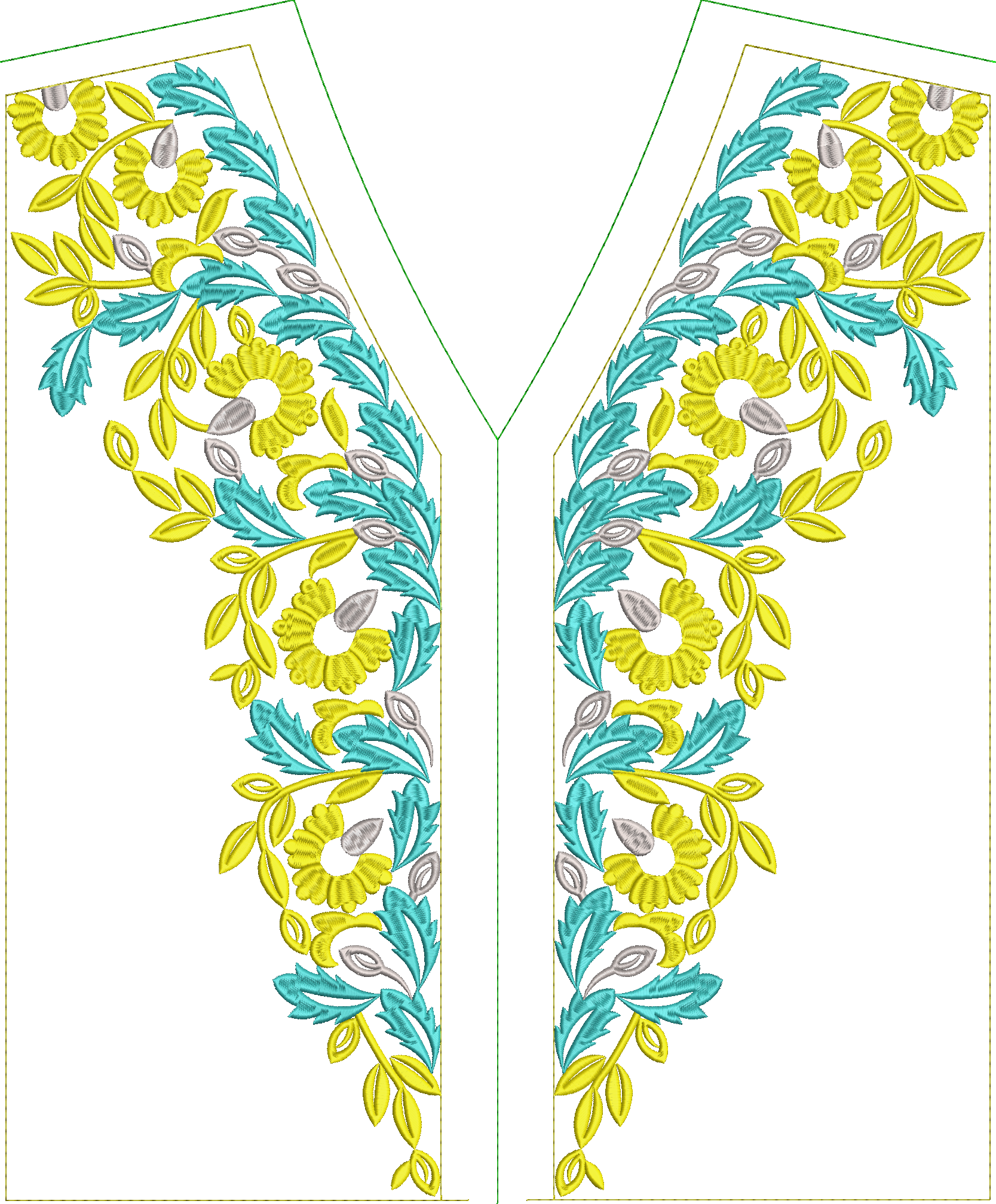 Embroidery design: A symmetrical floral and botanical embroidery design featuring yellow flowers and teal and grey leaves, intended for a n