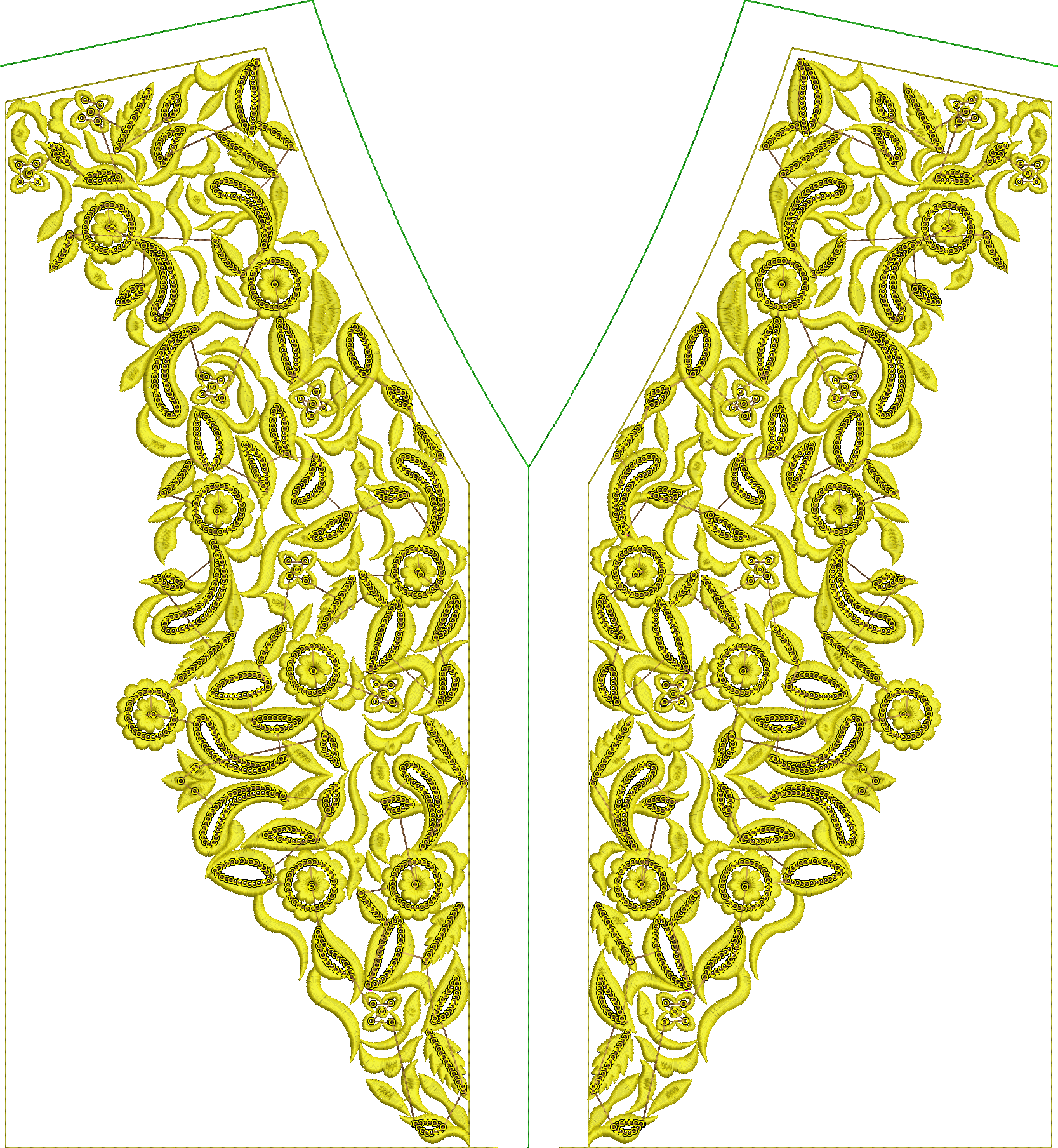 Embroidery design: A symmetrical yellow embroidery design for a V-shaped neckline, featuring intricate floral and arabesque motifs with bot