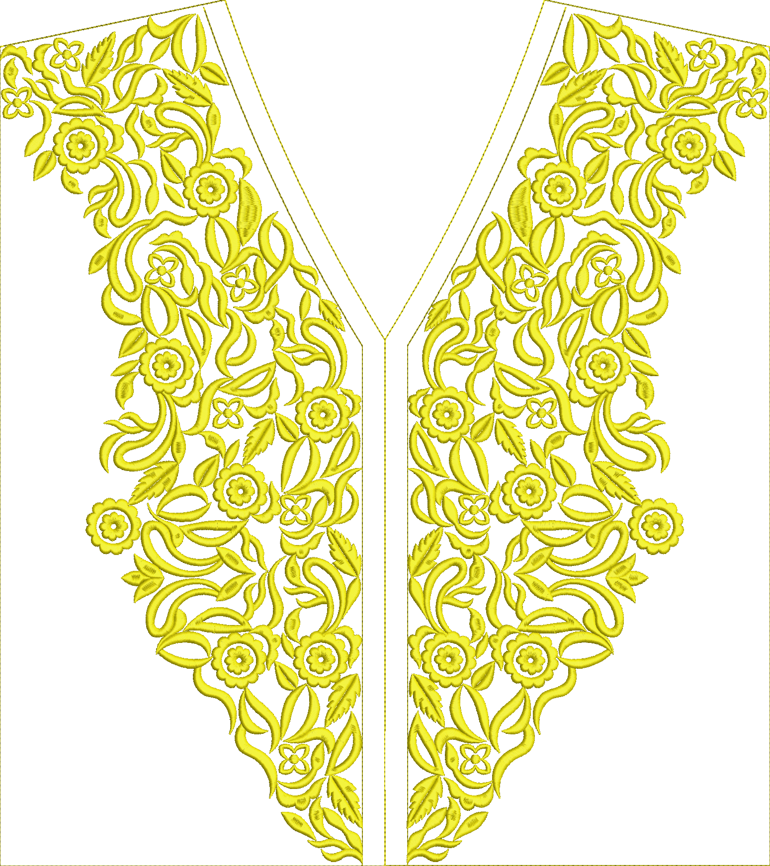 Embroidery design: A symmetrical yellow embroidery design featuring ornate floral and vine motifs, suitable for a neckline or front panel e