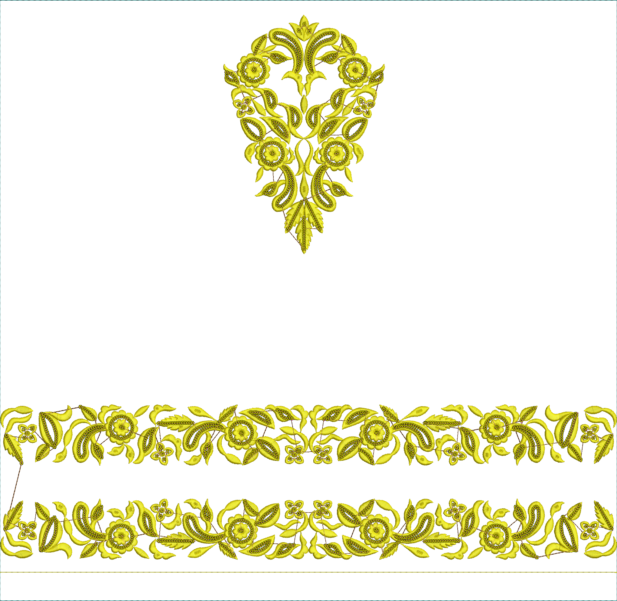 Embroidery design: A symmetrical embroidery design featuring a central ornamental floral motif and two repeating horizontal borders with fl