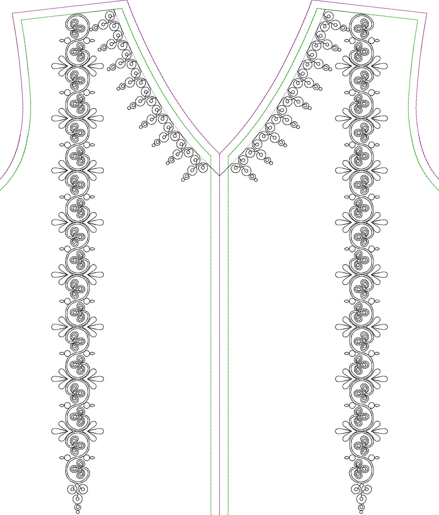 Embroidery design: An ornamental, lace-like embroidery design featuring symmetrical scrollwork forming vertical borders and a neckline trim