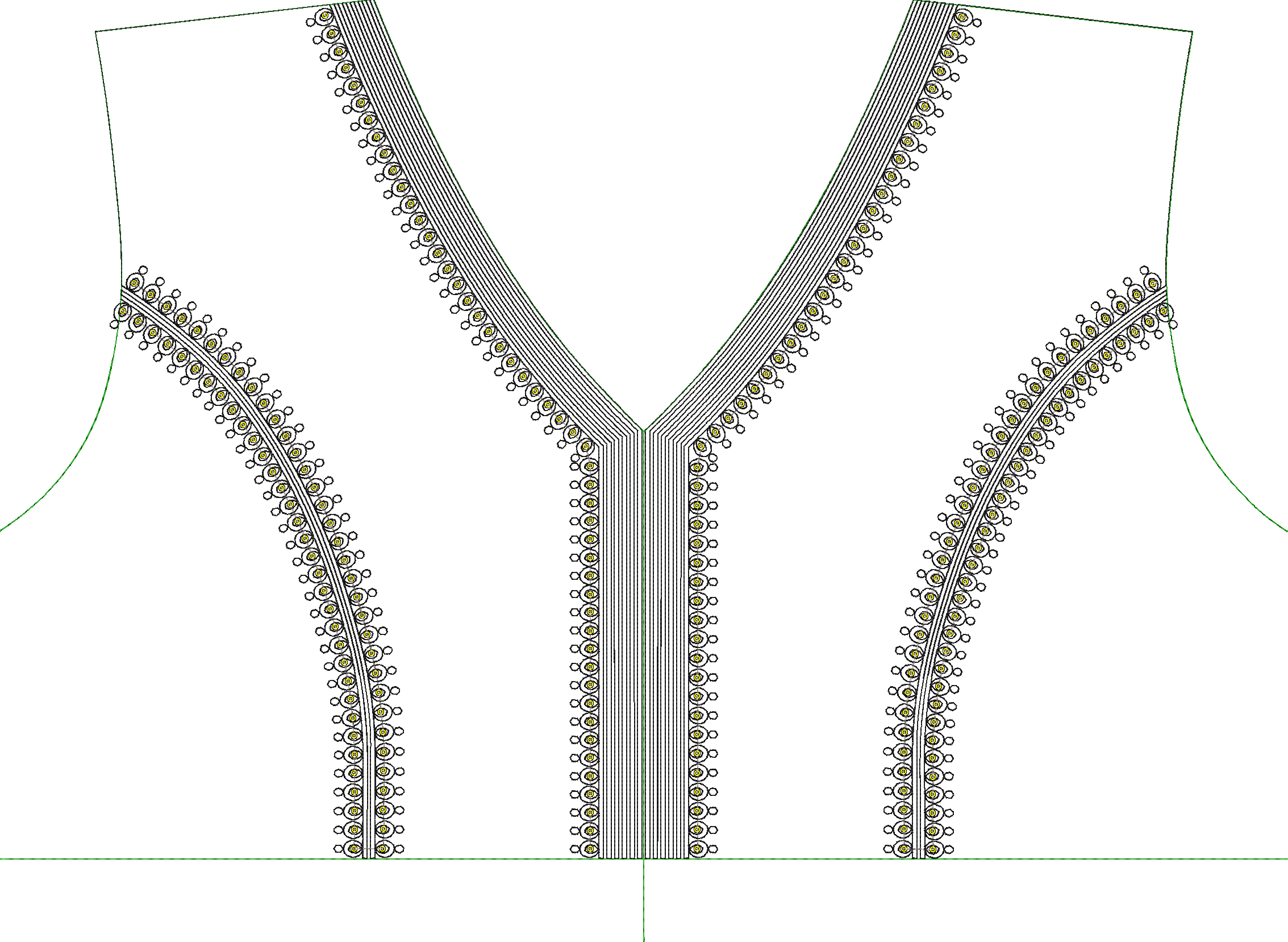Embroidery design: Embroidery design for a V-neck garment featuring black and gold ornamental and geometric patterns along the neckline and