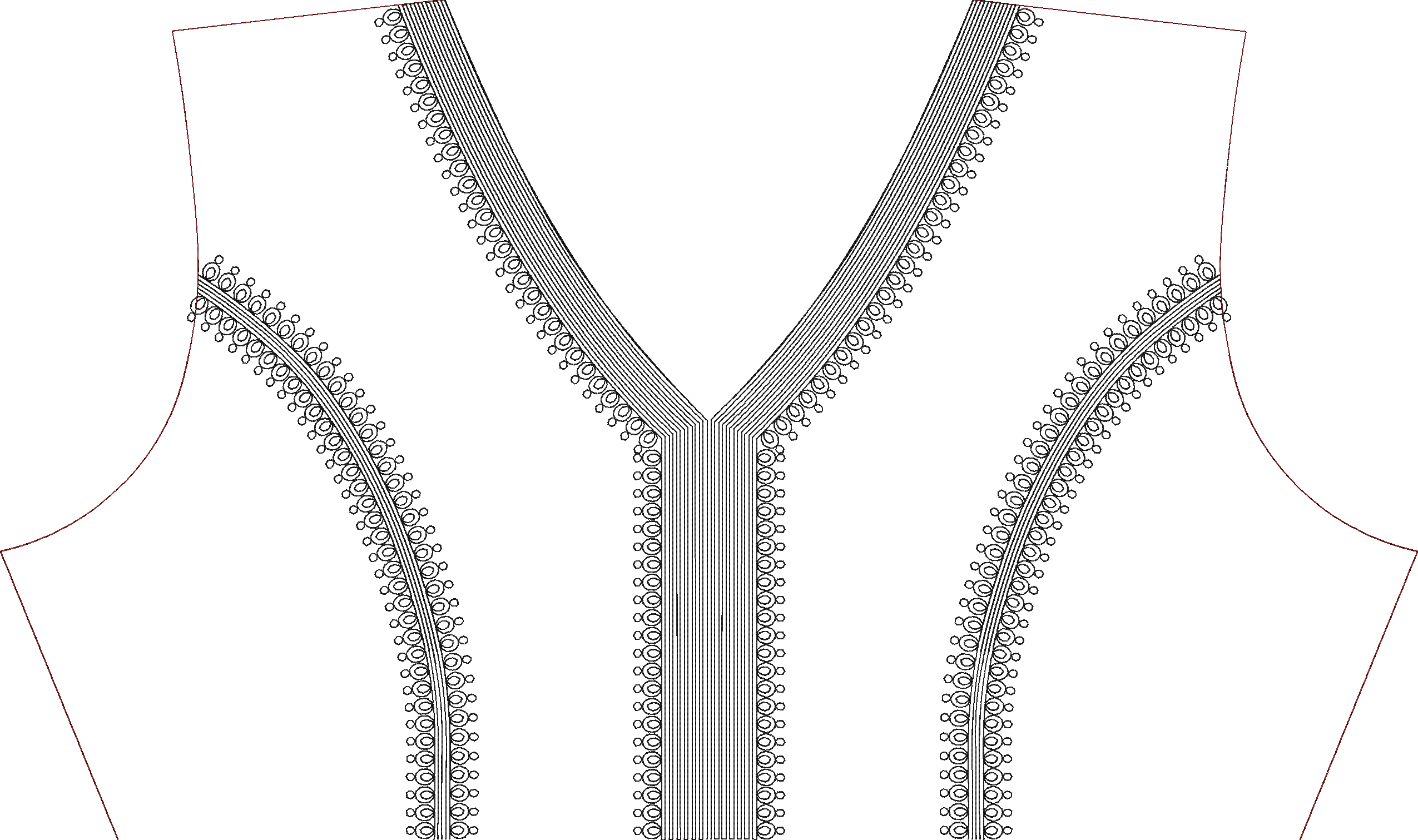 Embroidery design: An intricate embroidery design featuring black, repeating circular motifs and geometric patterns arranged symmetrically 