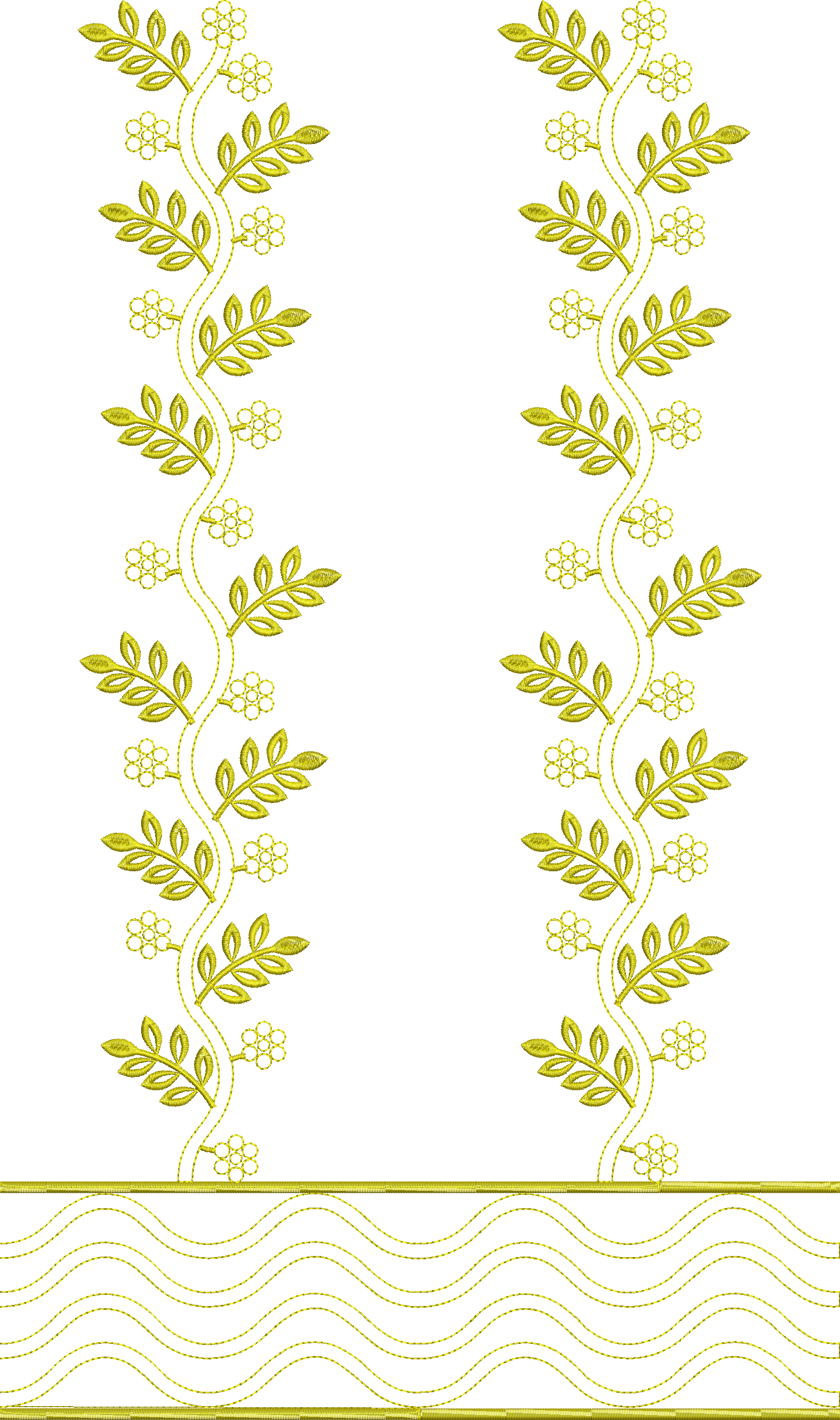 Embroidery design: A vertical embroidery border design with a repeating pattern of golden-yellow vines, leaves, and small flowers, with a w