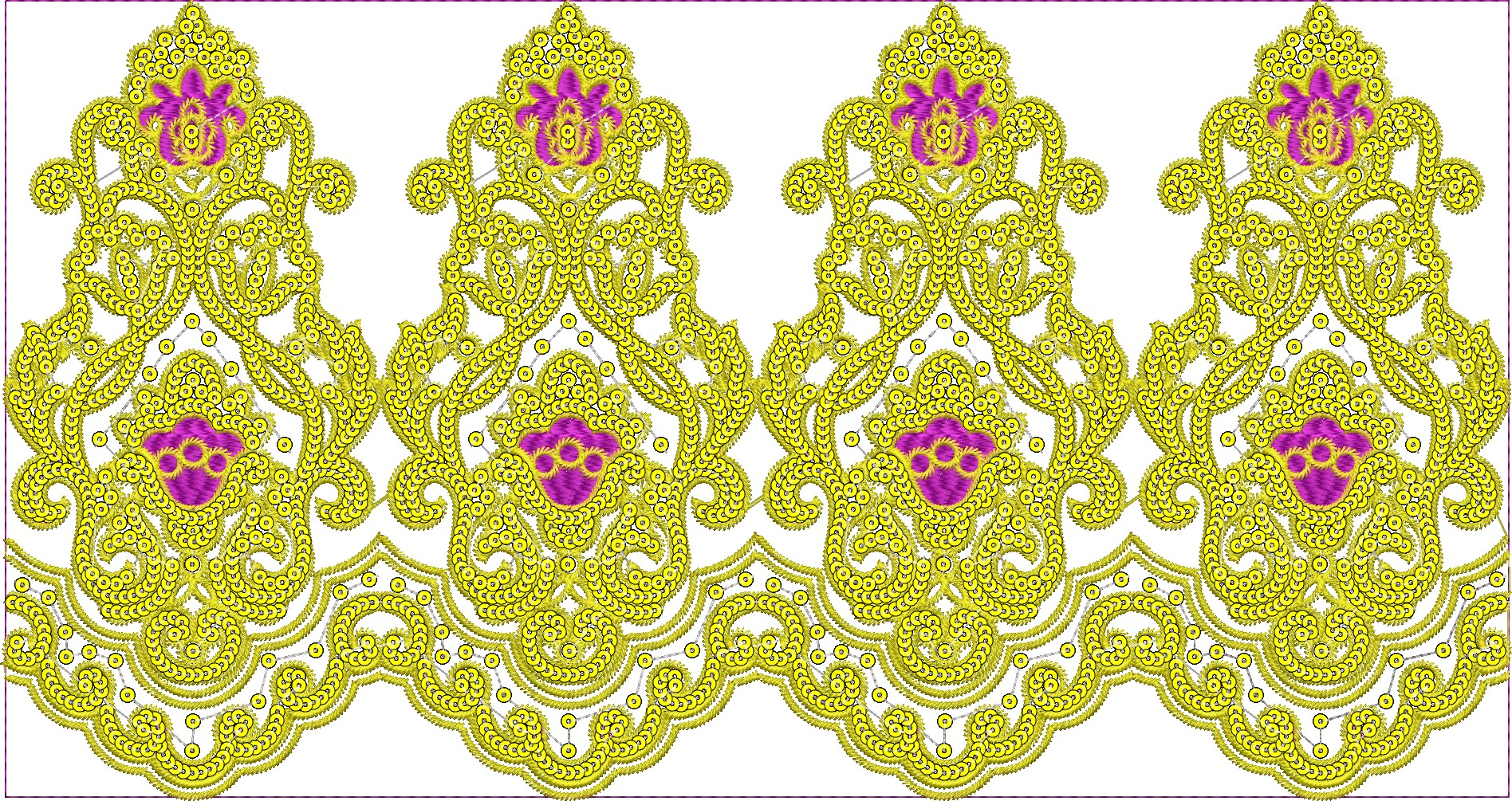 Embroidery design: A decorative, ornamental border embroidery design with repeating symmetrical scrollwork and floral motifs in yellow and 