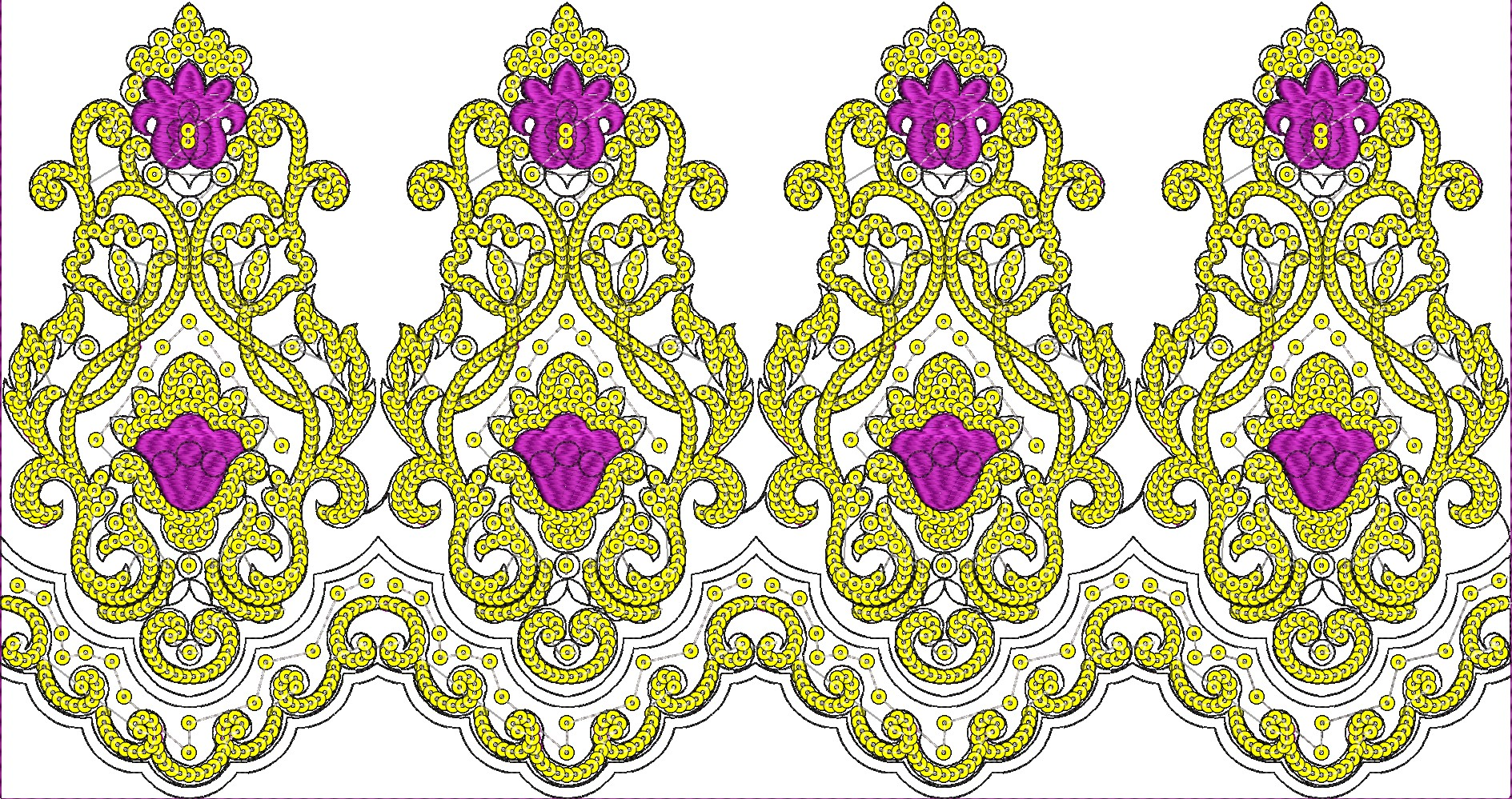 Embroidery design: A repeating symmetrical border embroidery design featuring yellow scrollwork and purple floral motifs, with a scalloped 