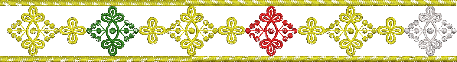 Embroidery design: A horizontal embroidery border with repeating symmetrical motifs in yellow, green, red, and silver, featuring a decorati
