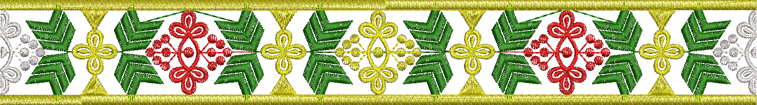 Embroidery design: A decorative gold border embroidery design featuring repeating symmetrical motifs of green foliage, red flowers with ber