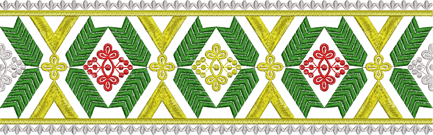 Embroidery design: A symmetrical, repeating horizontal border embroidery design featuring geometric diamond and chevron patterns in green a