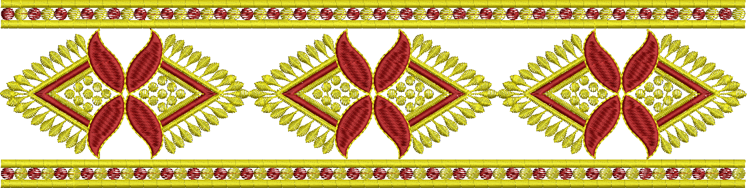 Embroidery design: A decorative embroidery border with a repeating pattern of red diamond motifs and yellow stylized leaves, framed by a ye