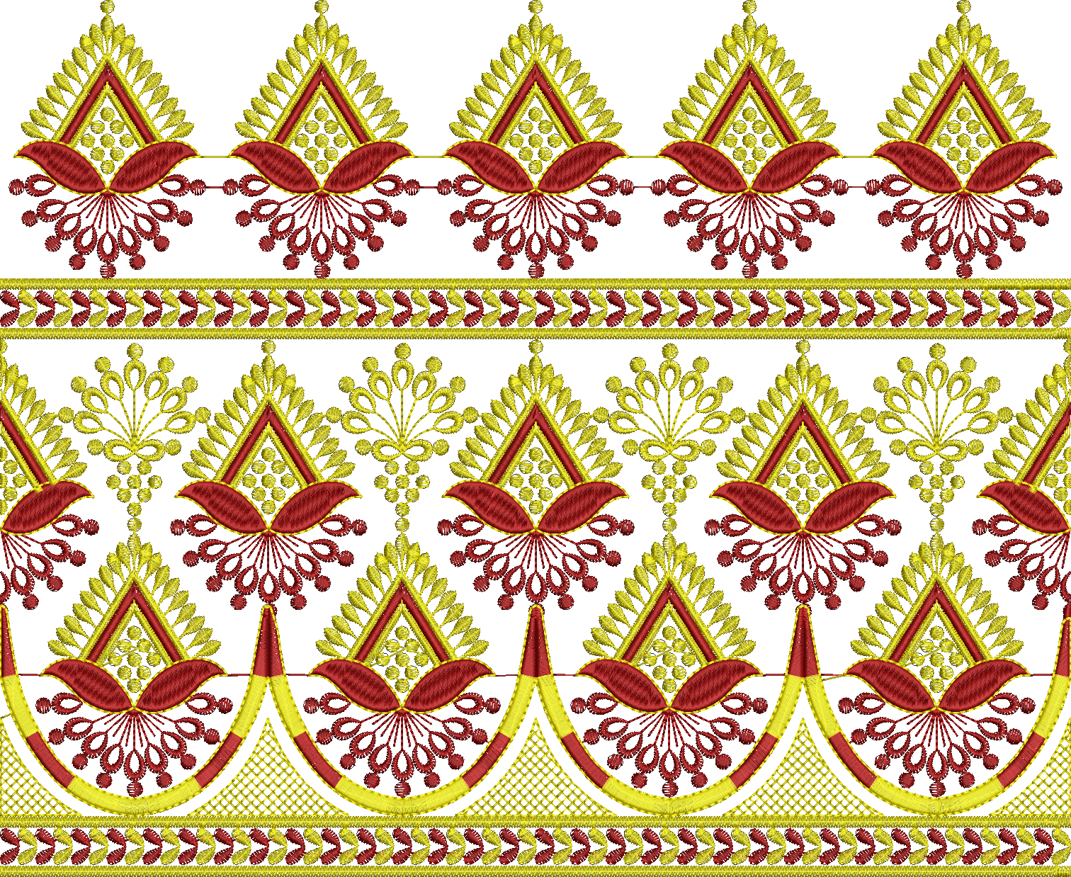 Embroidery design: A repeating horizontal border embroidery design with symmetrical patterns. The design features yellow outlined diamond s