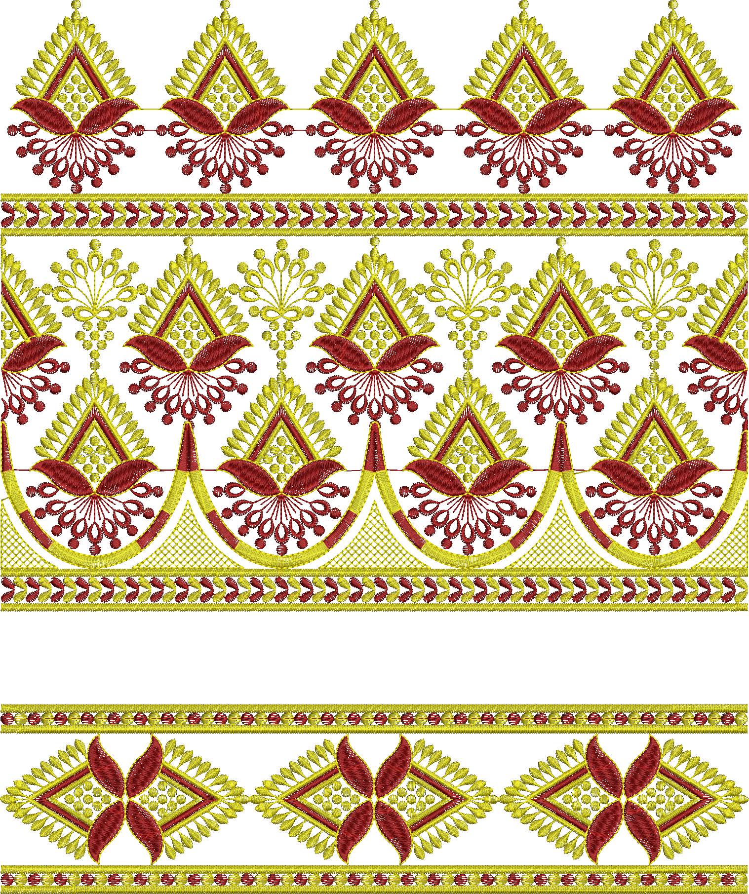 Embroidery design: An embroidery design featuring repeating ornamental and floral motifs in red and yellow, with geometric elements, suitab