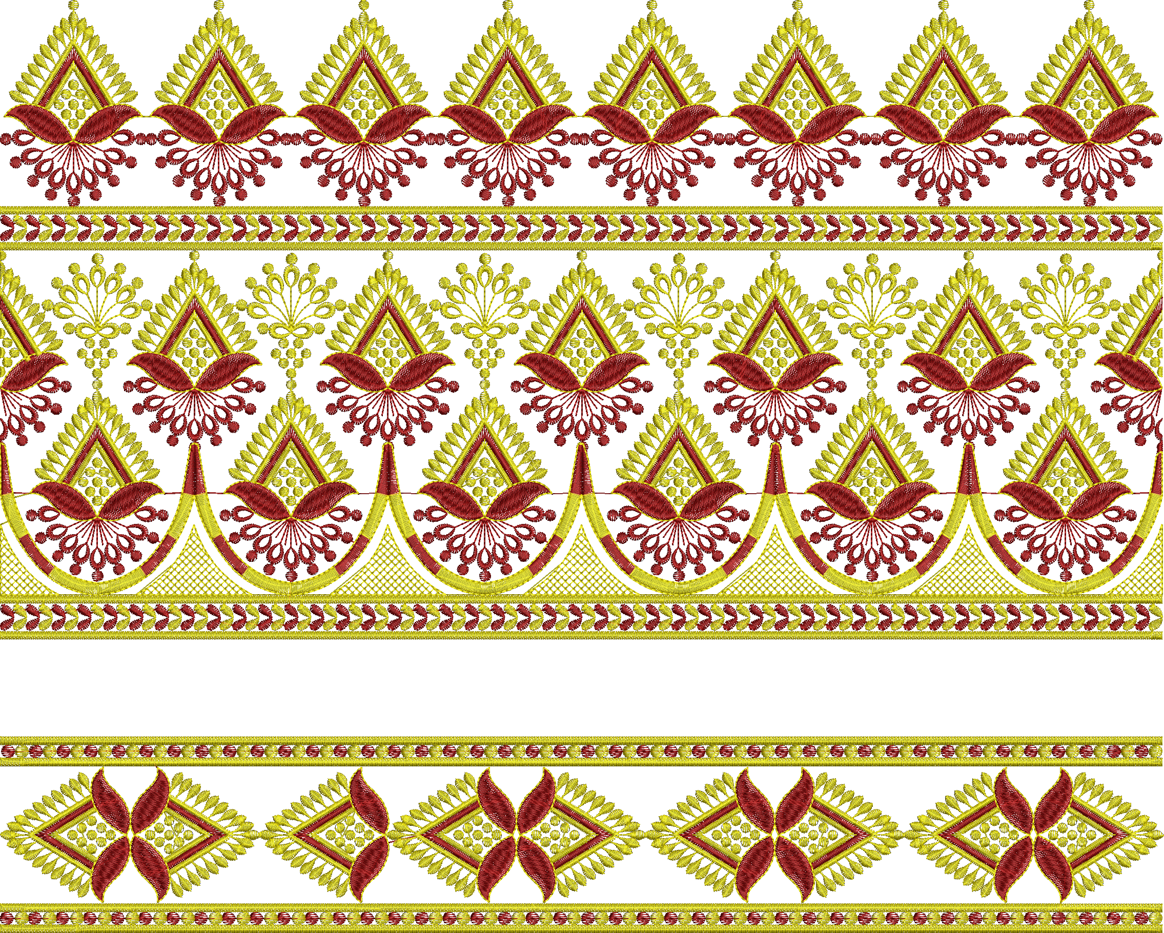 Embroidery design: An ornamental and decorative horizontal border embroidery design in red and gold, featuring repeating symmetrical geomet