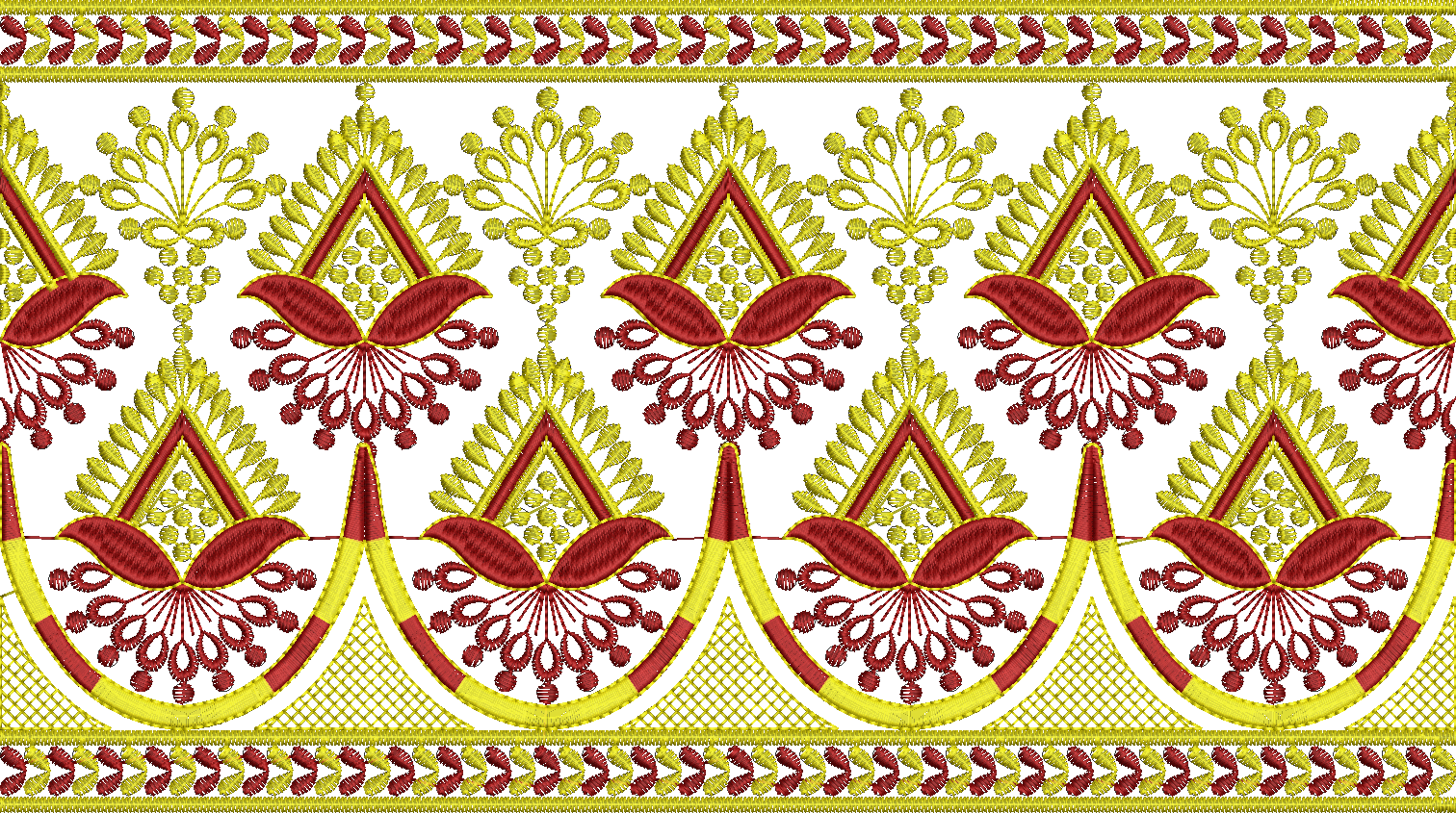 Embroidery design: An ornamental embroidery border design with repeating symmetrical motifs in red and gold, featuring geometric and styliz