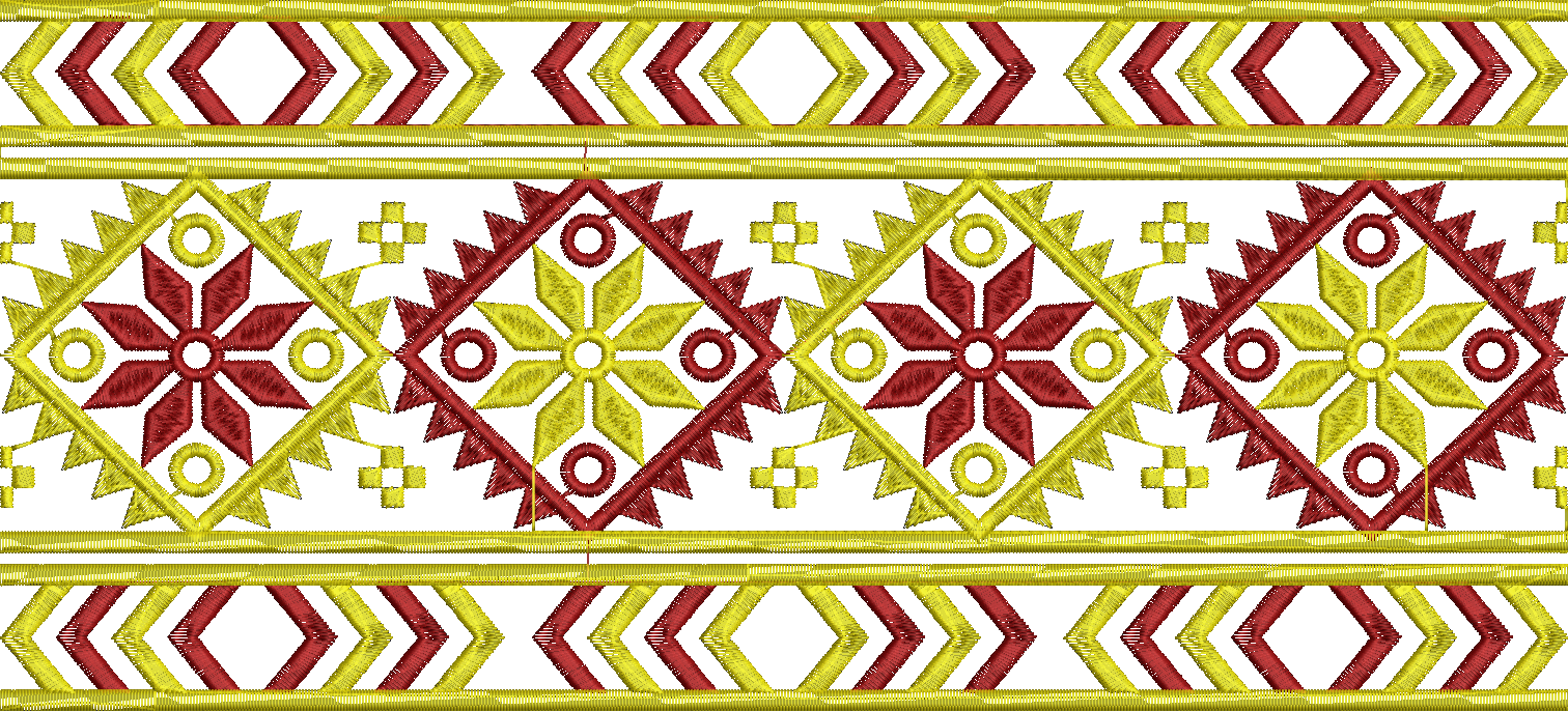 Embroidery design: A repeating border embroidery design featuring symmetrical geometric patterns, including diamonds, chevrons, and circula