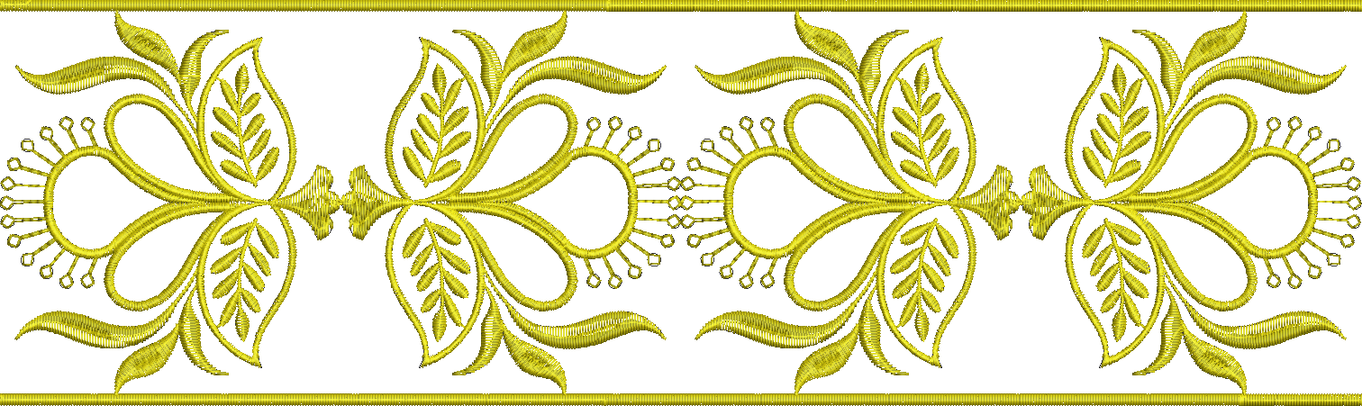 Embroidery design: A golden embroidery border design with repeating symmetrical ornamental motifs featuring stylized leaves and vine-like s