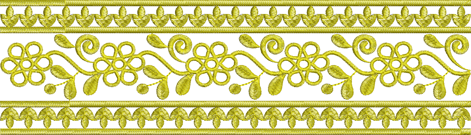Embroidery design: A repeating gold embroidery border featuring a central scrolling vine with stylized flowers and leaves, bordered by geom