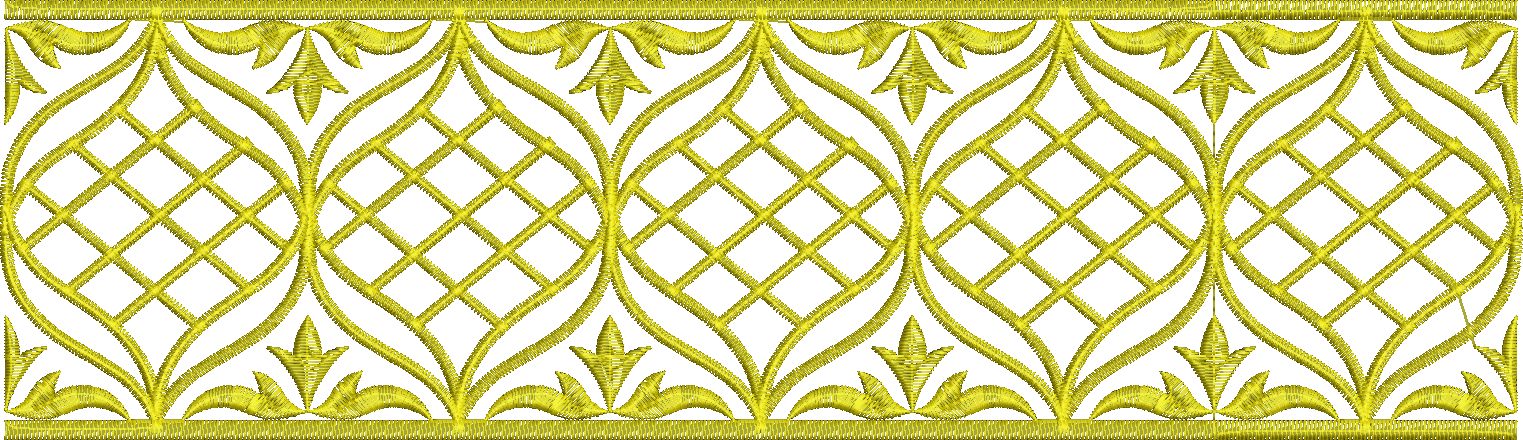 Embroidery design: A golden yellow embroidery border with a repeating symmetrical pattern featuring a central lattice design, scrollwork, a