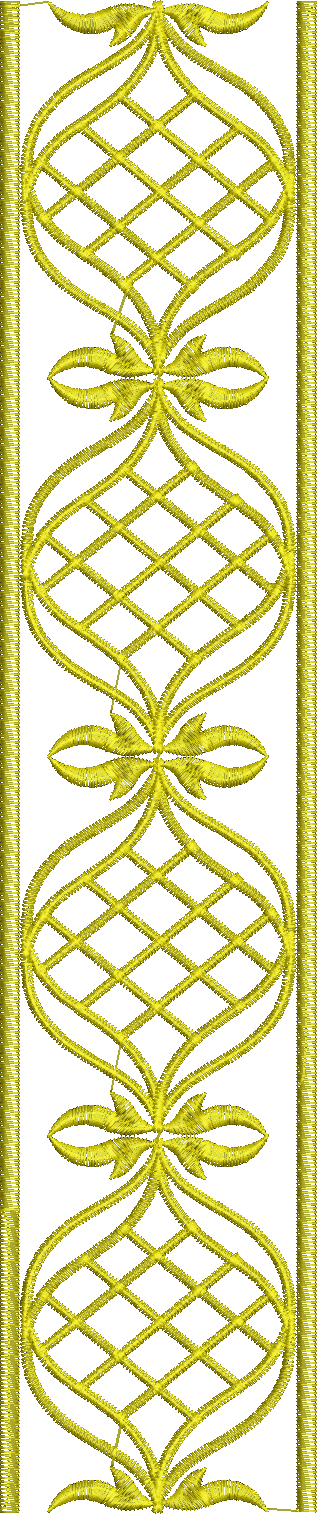 Embroidery design: A vertical golden yellow embroidery border with a repeating ornamental design featuring geometric lattice shapes connect