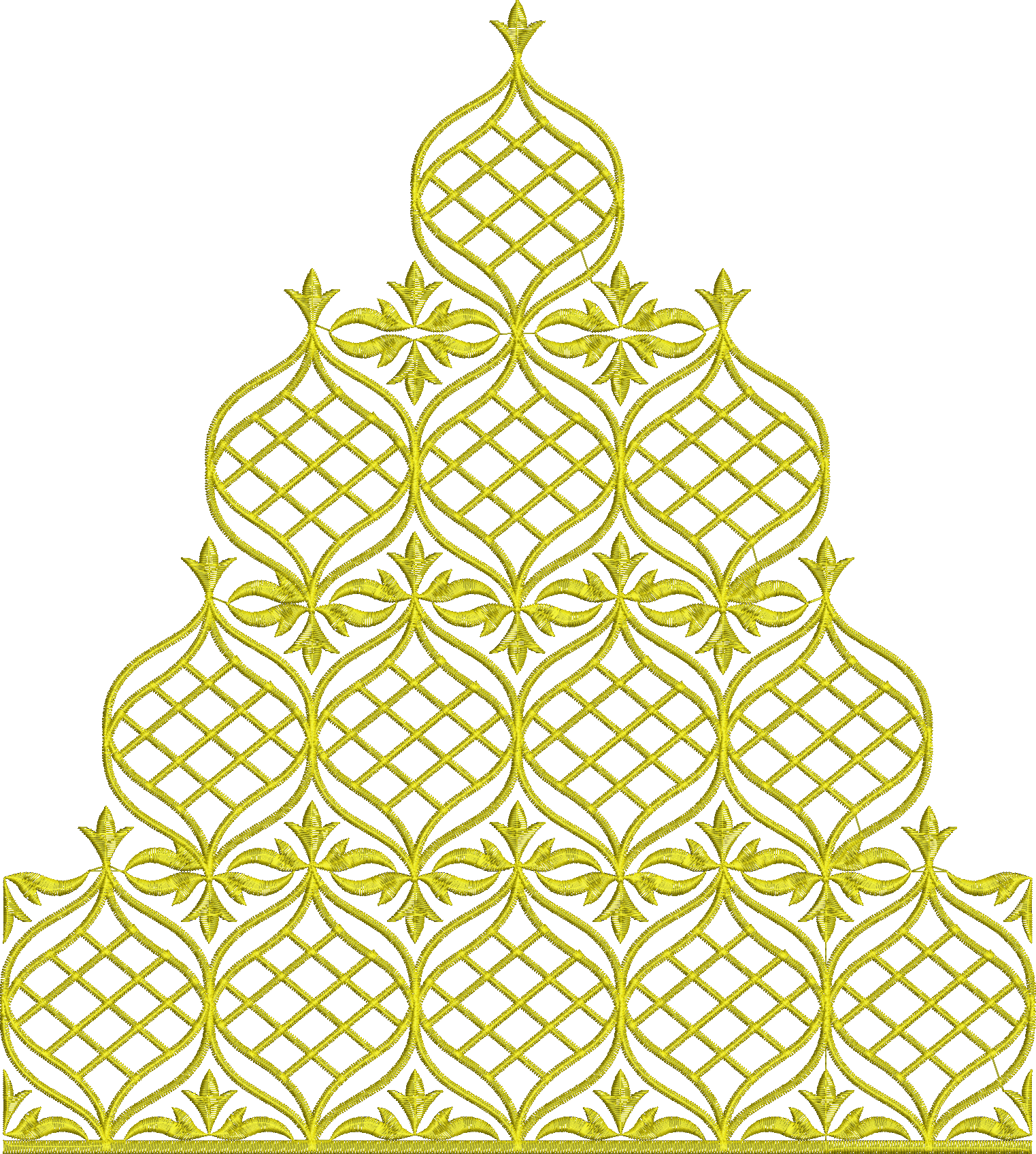 Embroidery design: A yellow embroidery design featuring a symmetrical, ornamental, and repeating pattern of geometric shapes and floral ele