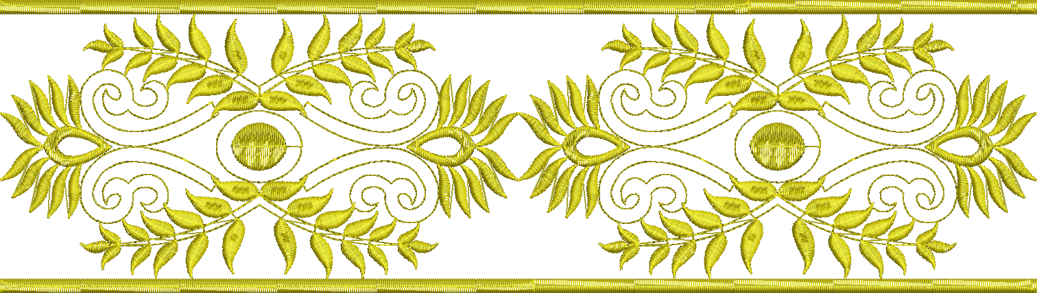 Embroidery design: A symmetrical golden embroidery border design featuring scrolling vines with leaves and oval motifs, suitable for decora