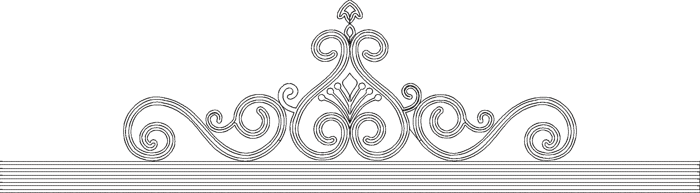 Embroidery design: A black and white symmetrical ornamental border design with scrollwork and a central crown motif.
