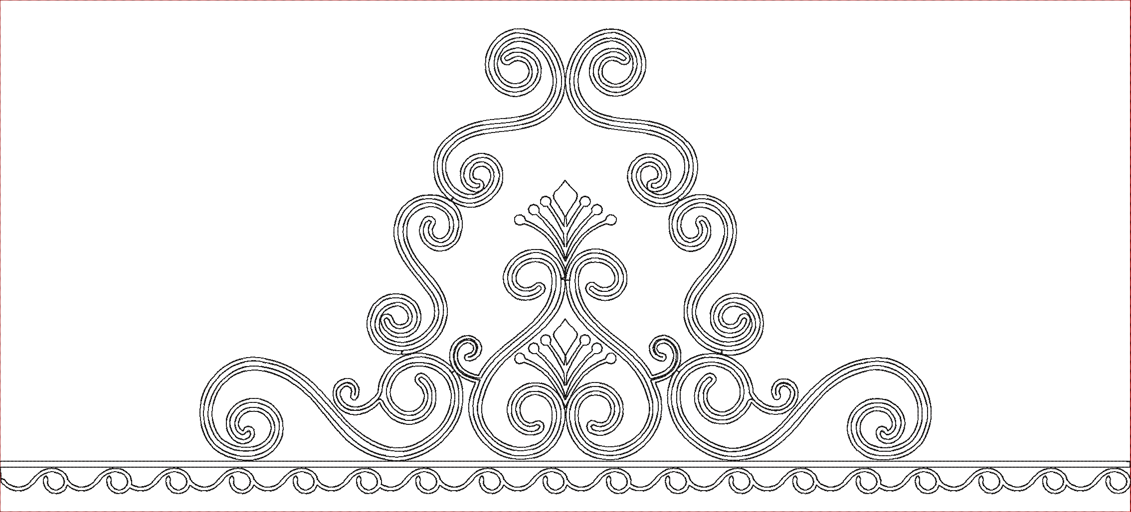 Embroidery design: A symmetrical ornamental embroidery design featuring scrollwork with a botanical motif in the center, and a wave pattern